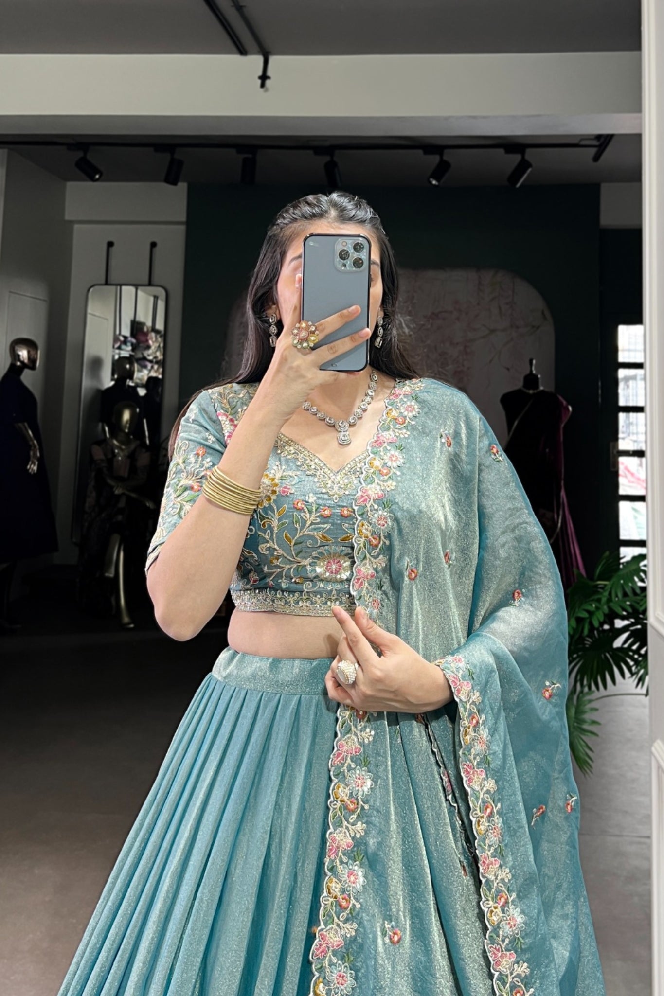 Sky Blue Zari Shimmer Sequins Tread Embroidered Work Wedding Lehenga Choli