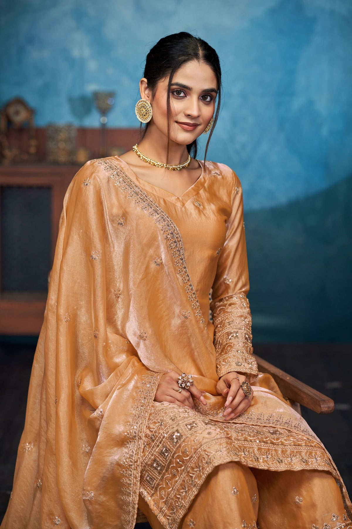 Gold Fendi Thread Embroidered With Sequins Work Sharara Set Of 3