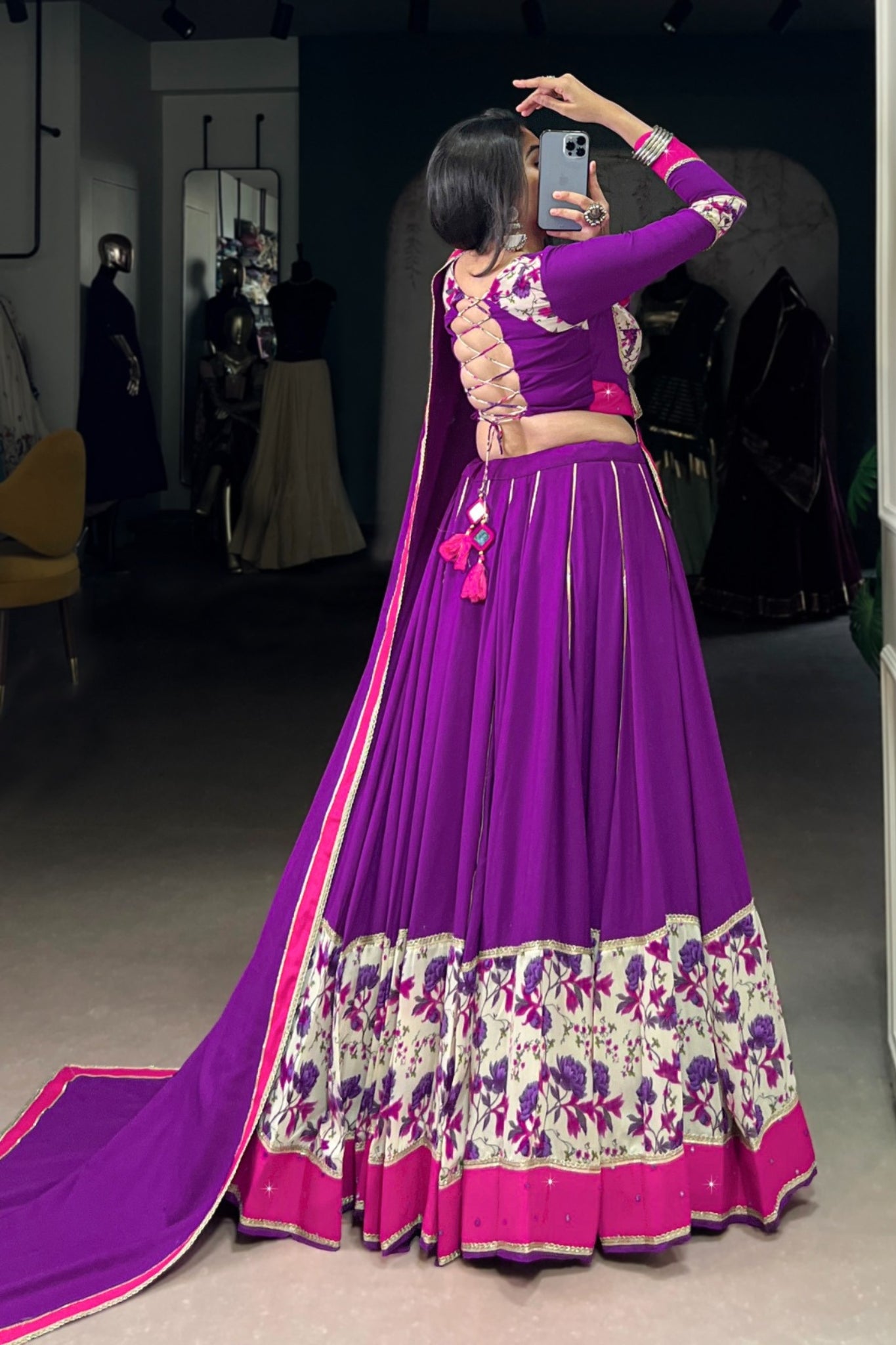 Purple Pure Rayon Printed With Original Mirror Hand Work Navratri Lehenga Choli