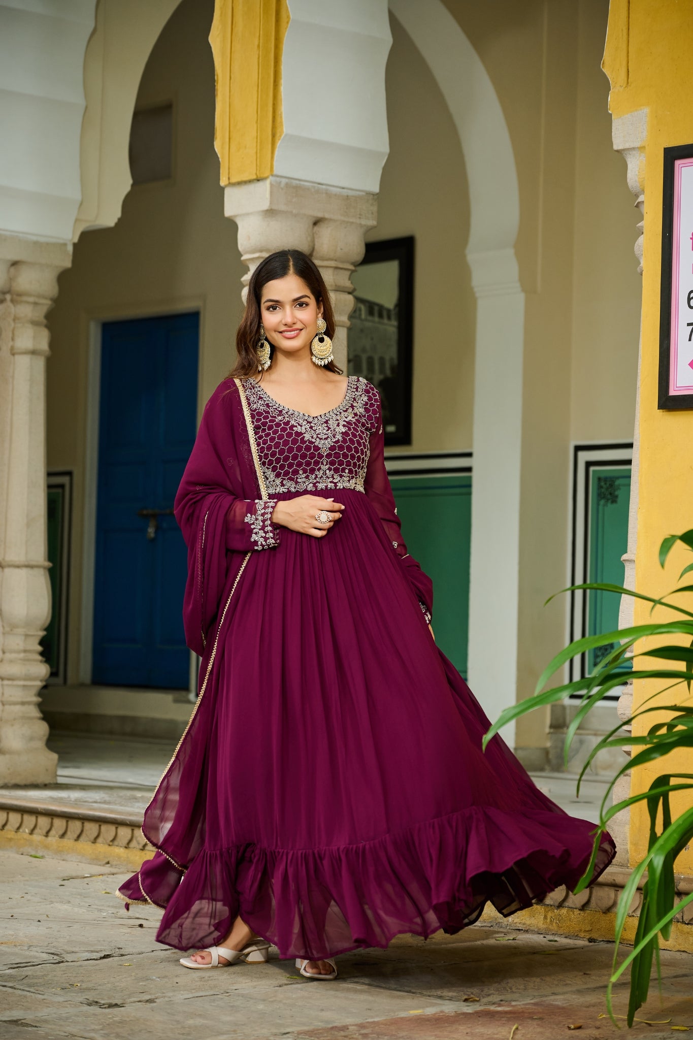 Wine Bloom Elegance The Royal Beaded Designer Gown