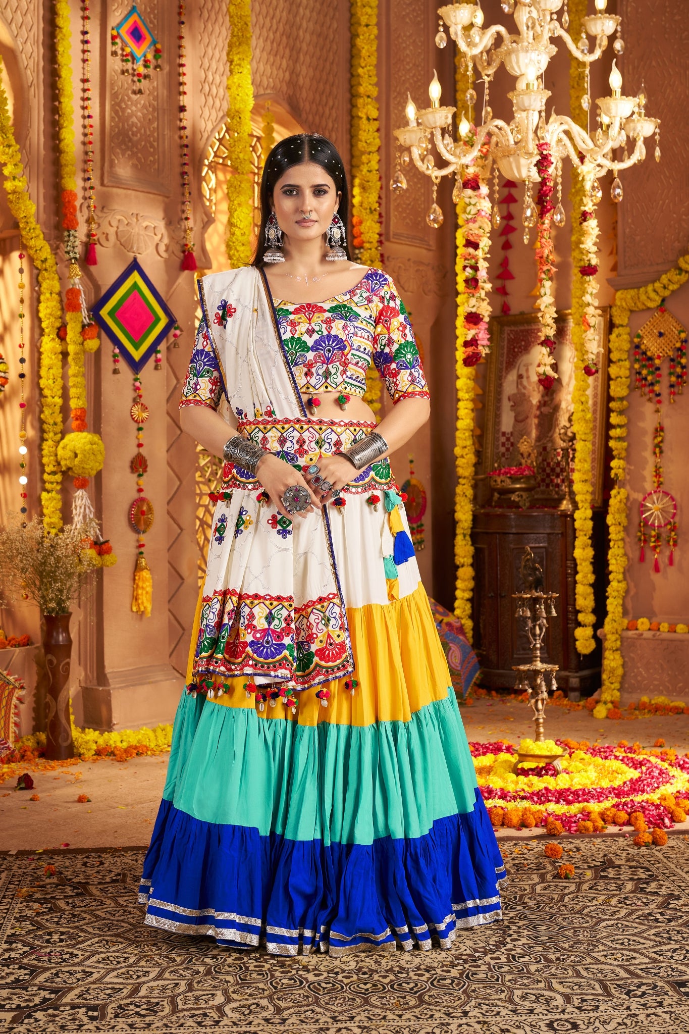 Beautiful Viscose Cotton Traditional Tread Embroidered With Mirror Work Navratri Lehenga Choli