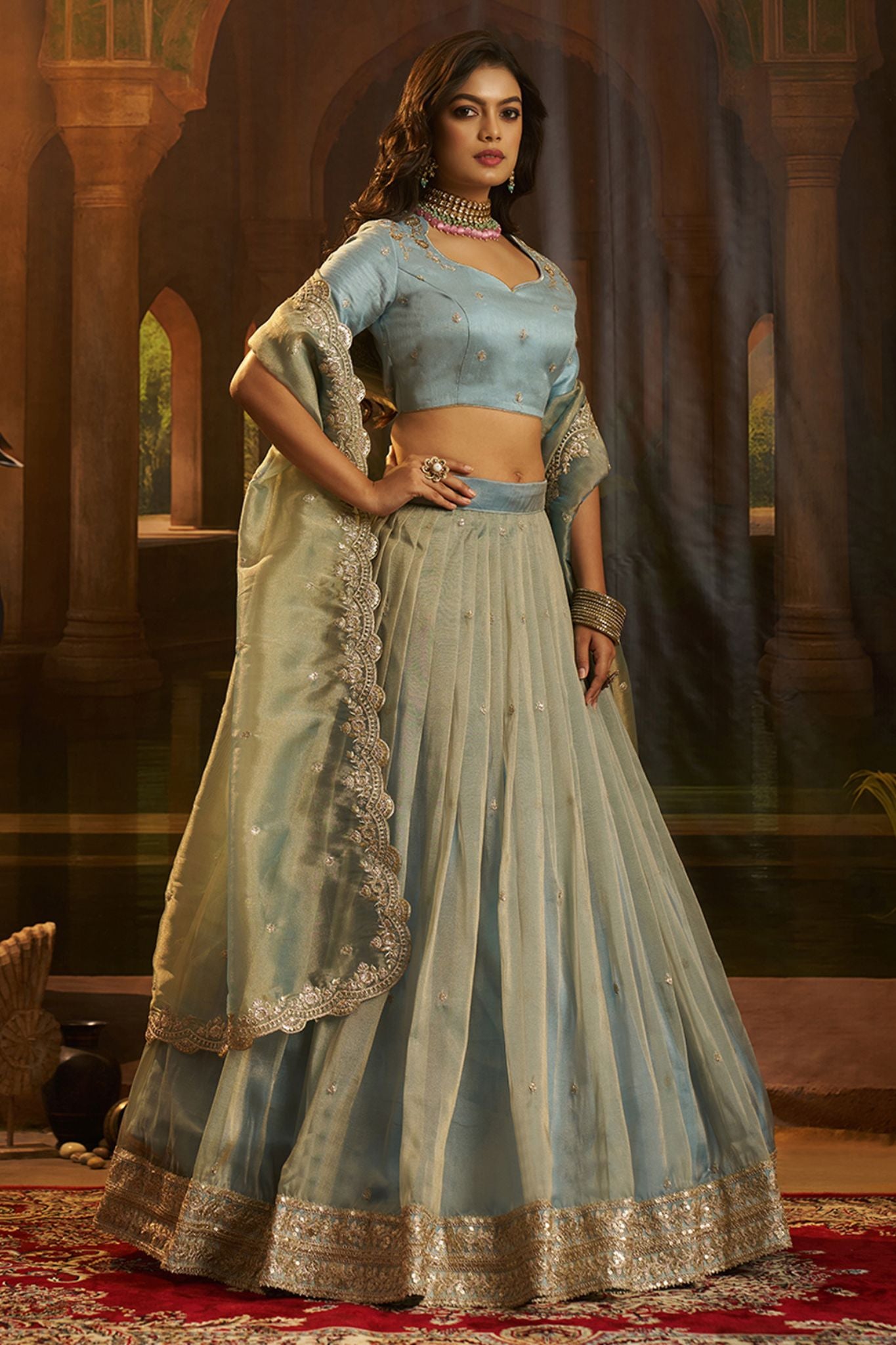 Sky Blue Premium Hiranya Silk Lehenga Set Featuring Art Silk Blouse And Detailed Embroidered Dupatta