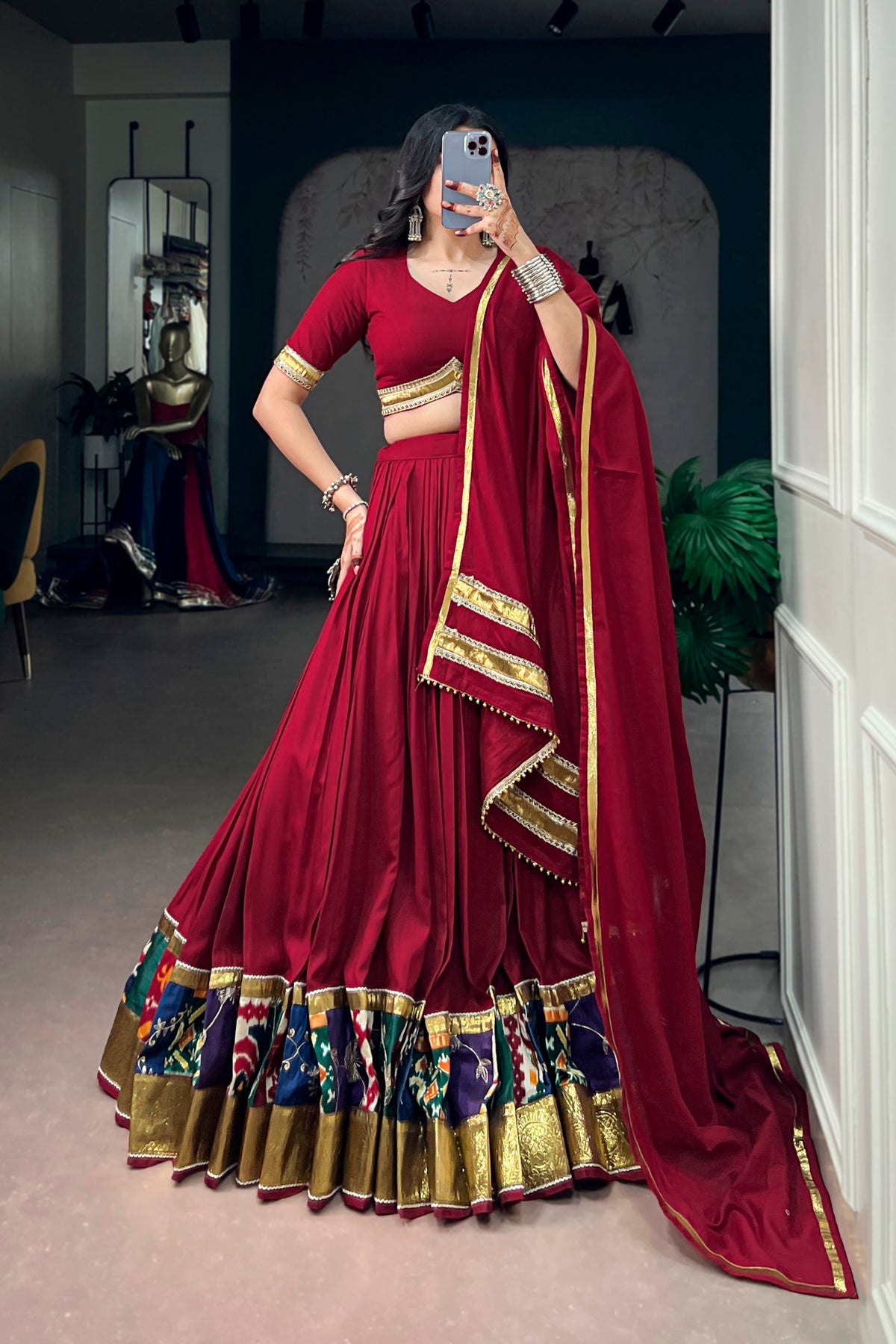 Maroon Rayon Designer Lehenga Choli With Multicolor Ikat Print Border
