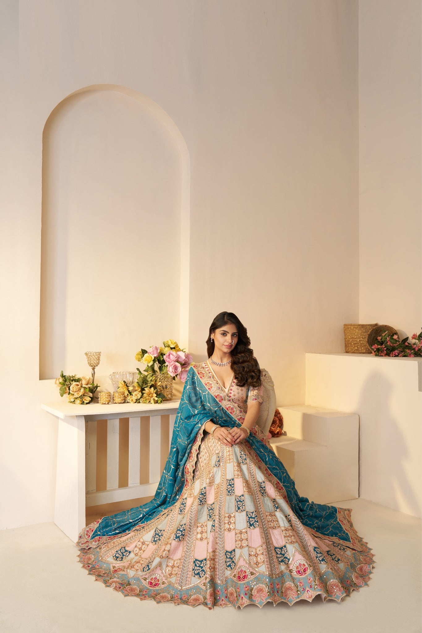 Beautiful Sky Blue Designer Printed With Sequins And Aari Work Wedding Lehenga Choli Set