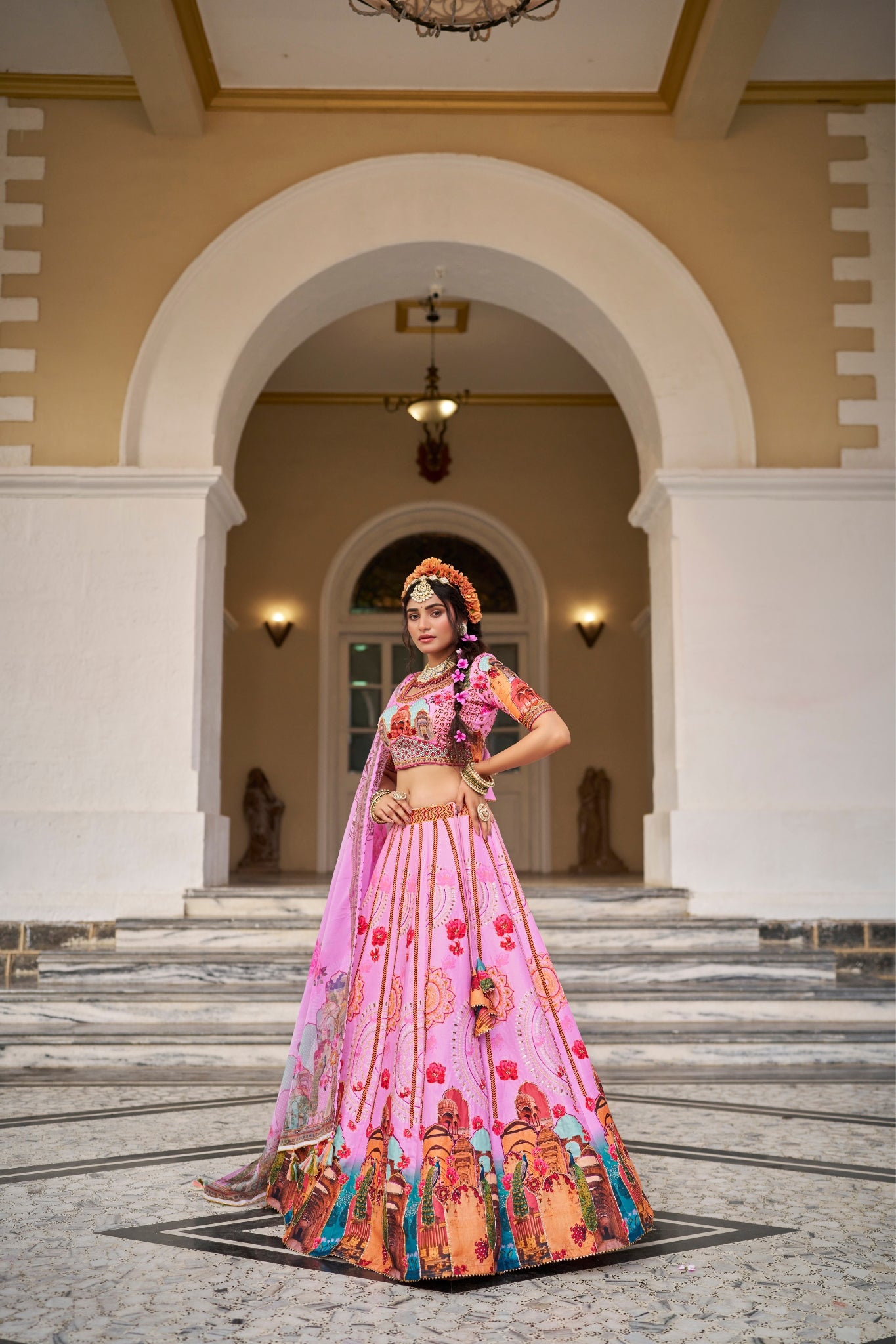 Royal Pink Art Silk Digital Print Lehenga Set With Handwork And Organza Dupatta