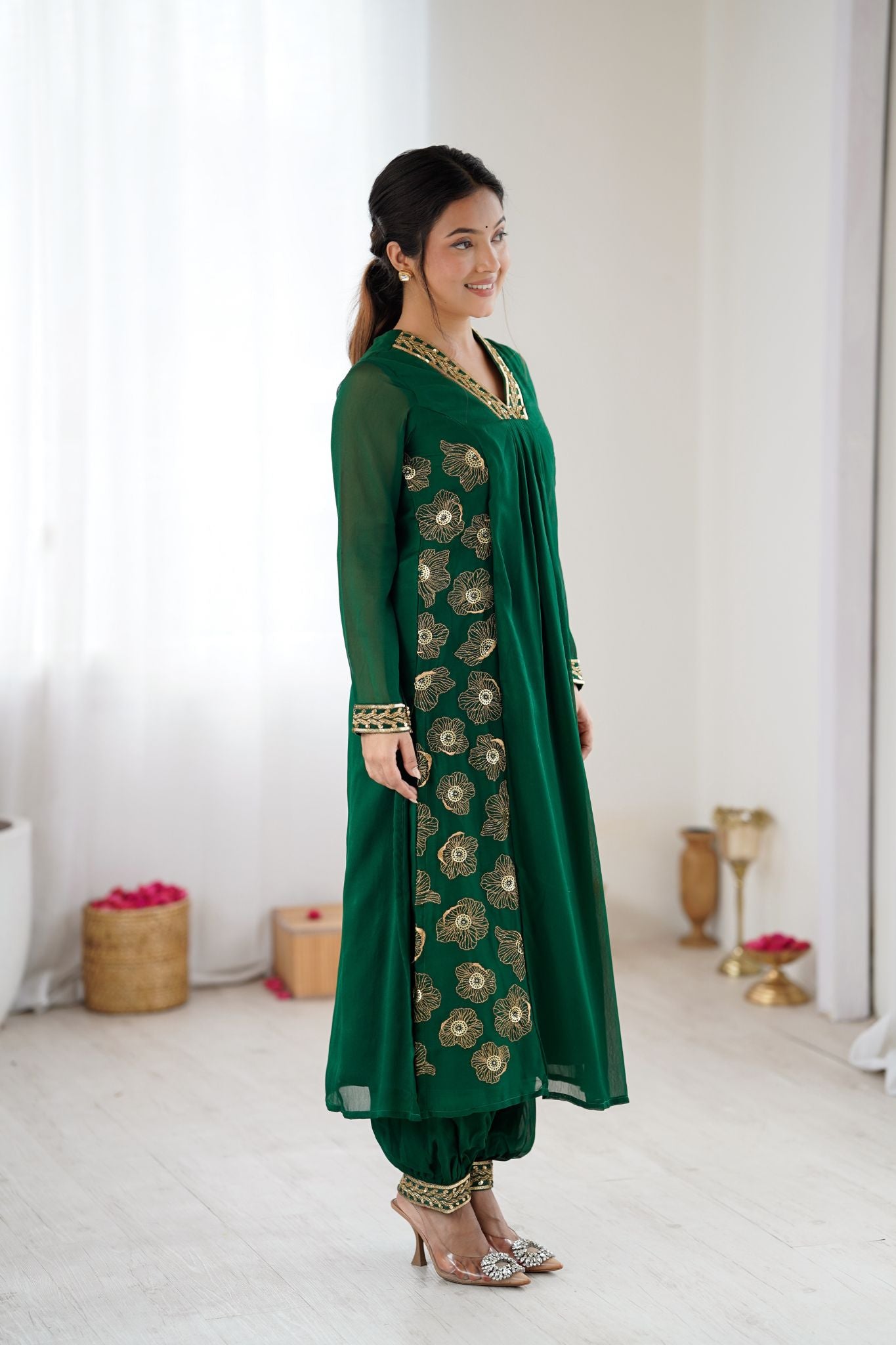 Emerald Green Floral Embroidered Designer Pure Georgette Kurta Set For Women