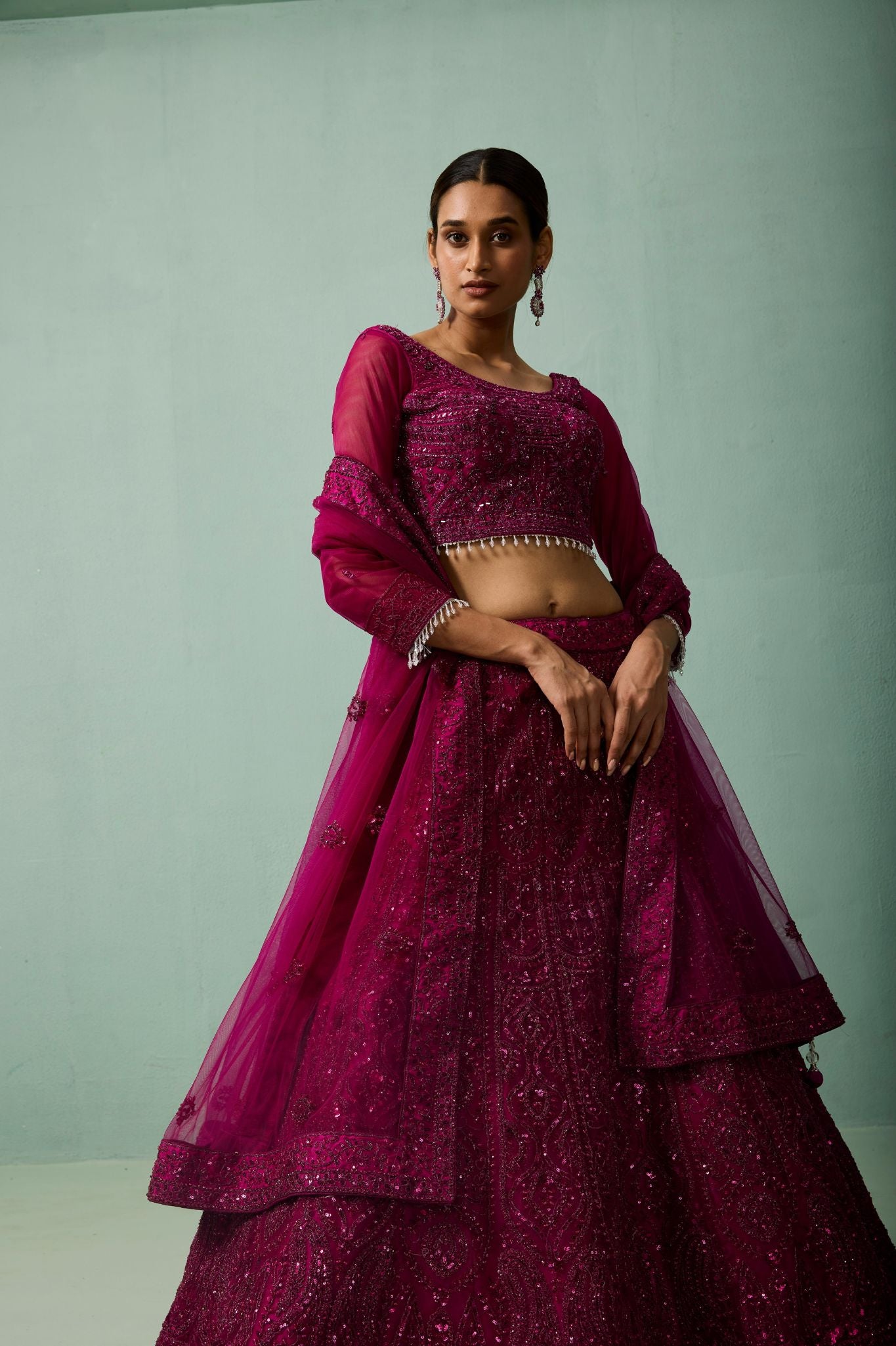 Royal Wine Soft Net Embroidered Luxury Lehenga Set