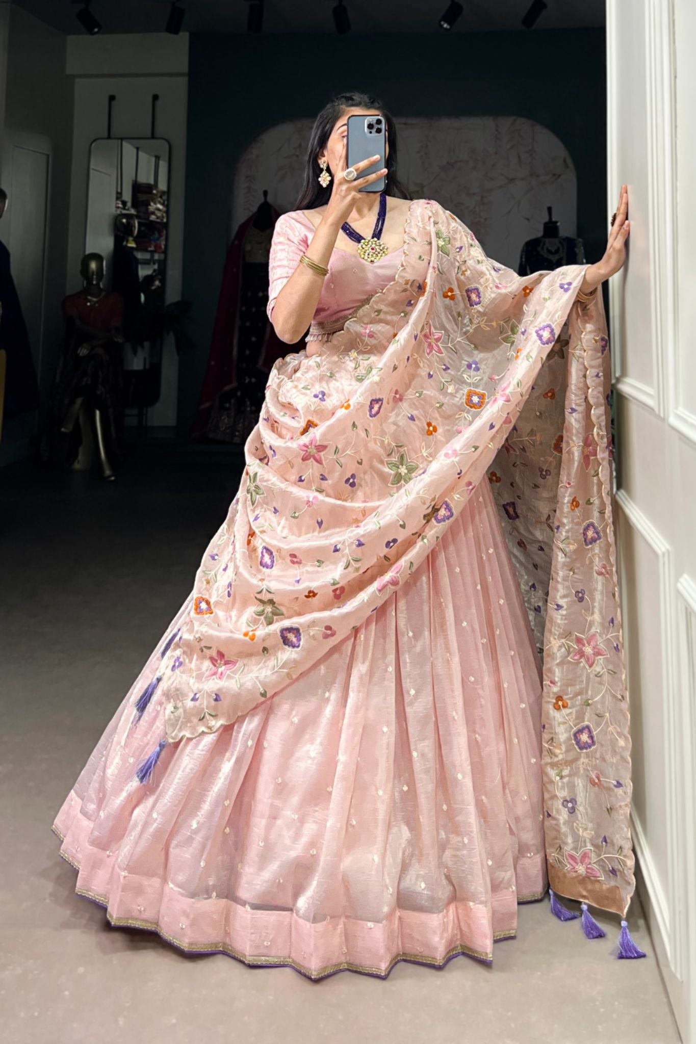 Peach pink beads Lehenga set for engagement
