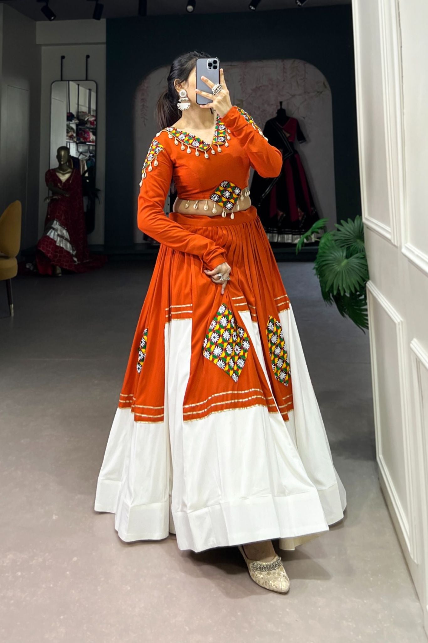 Orange Pure Rayon Gamthi Work Navratri Lehenga Choli