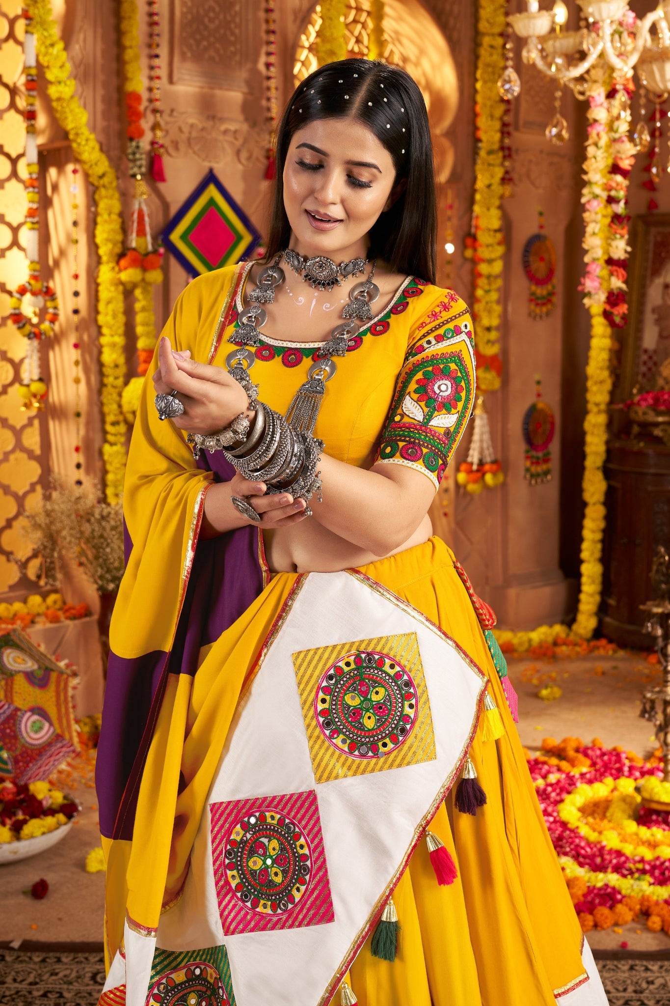 Mustard Yellow Viscose Cotton Traditional Designer Navratri Lehenga Choli