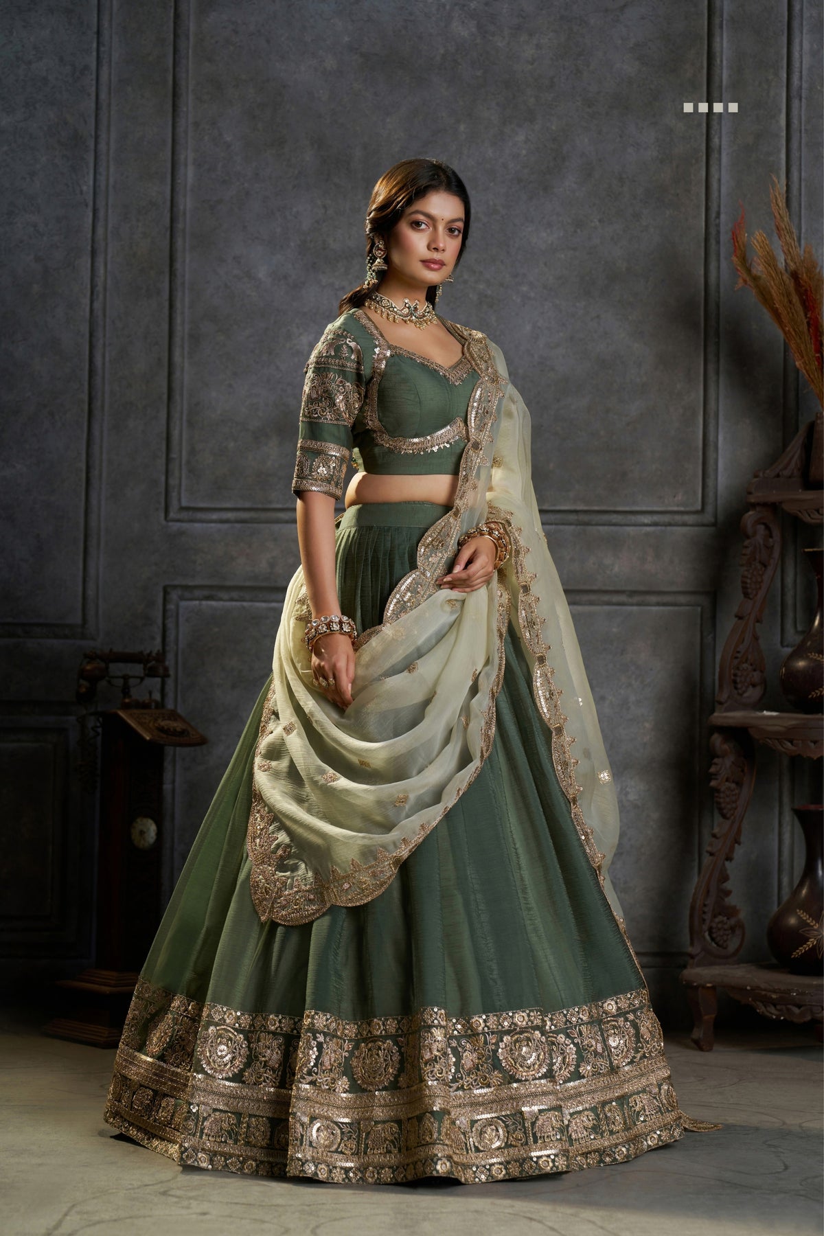 Olive Green Pure Organza Embroidered Designer Lehenga Choli With Dupatta