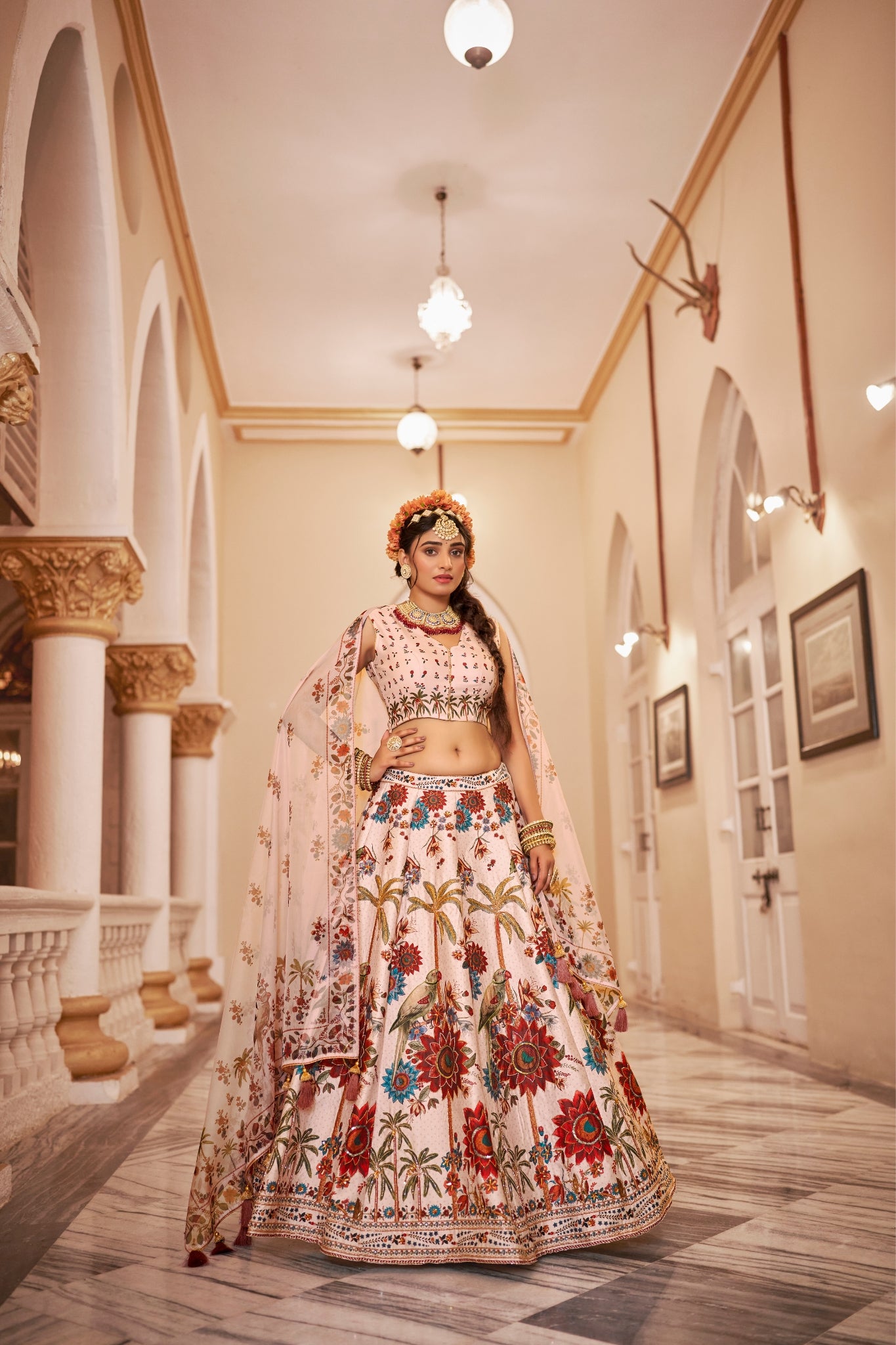 Luxury Heritage Print Art Silk Lehenga Choli With Handwork And Organza Dupatta