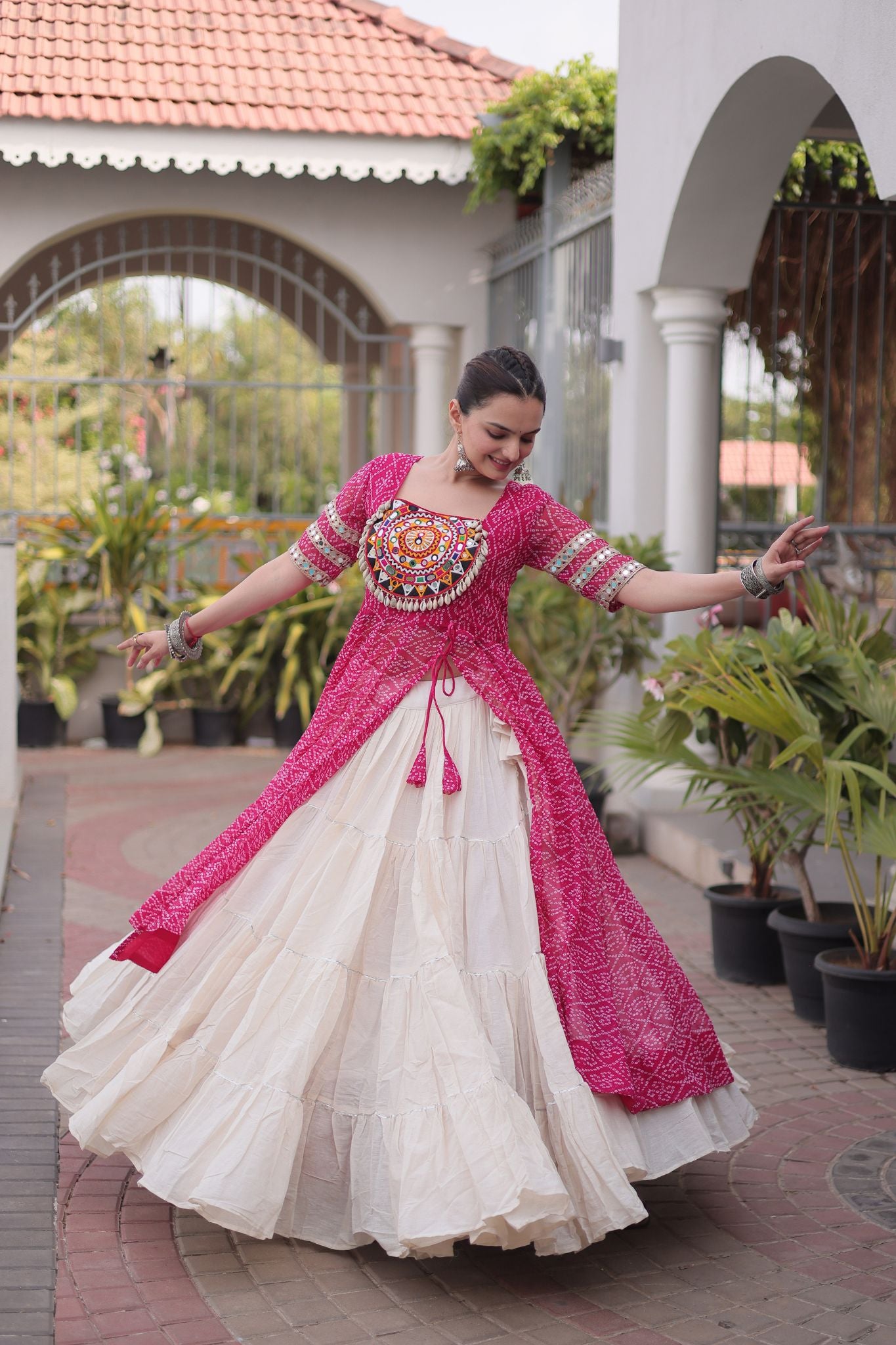 Raasrang Navratri Designer Kora Cotton Lehenga With Kutchi Patchwork Bandhani Print Kurti For Garba & Dandiya
