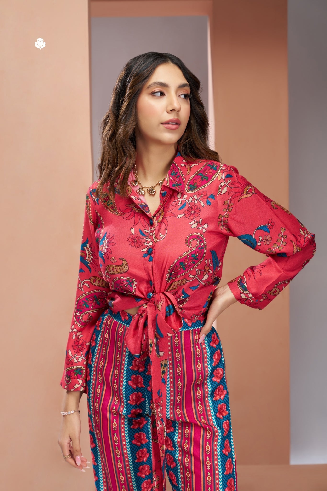 Pure Muslin Silk Coral Pink Co-Ord Set For Women