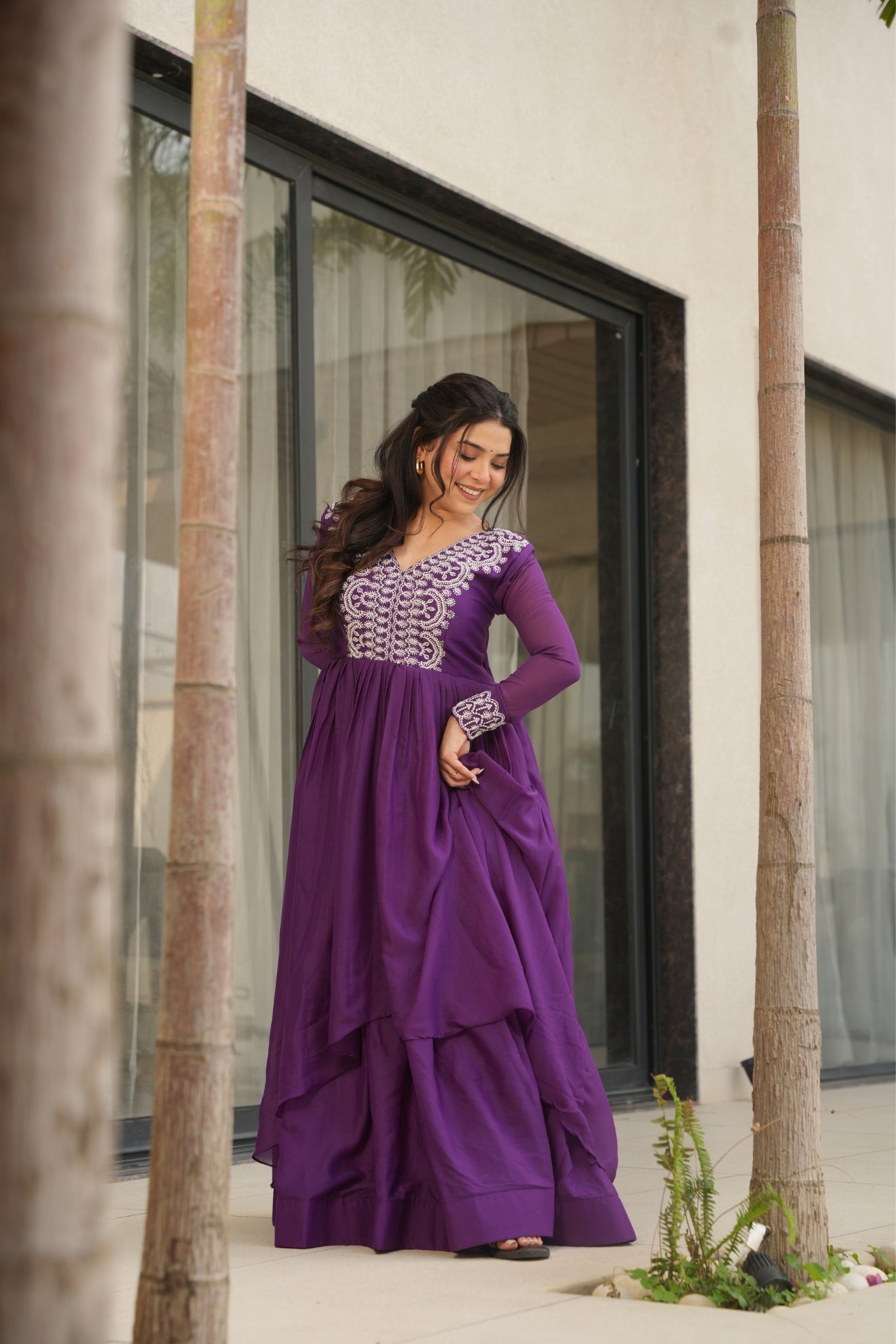 Georgette Embroidered Beads Sequins Work Double Flair Wedding Stylish Gown