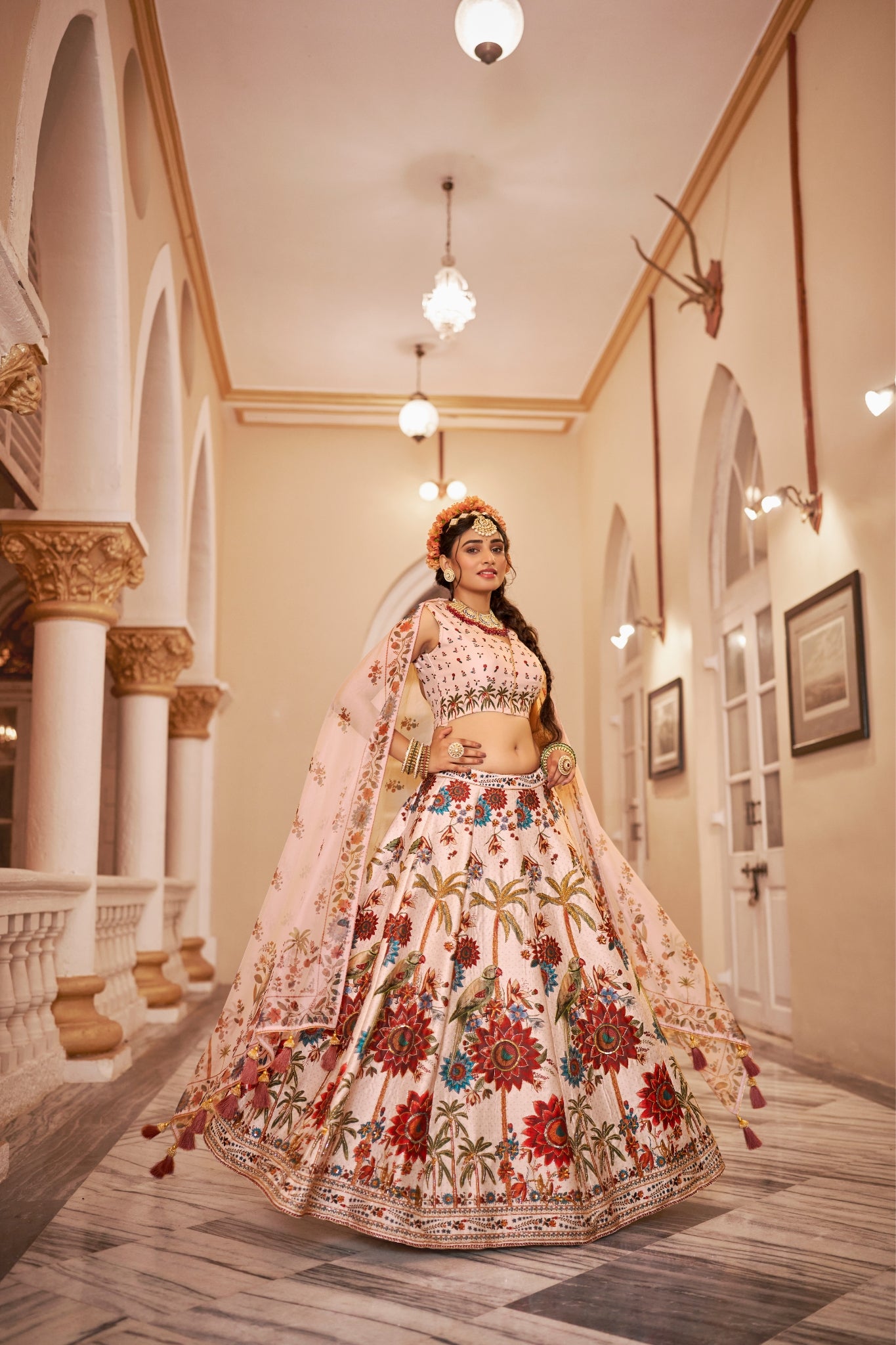 Luxury Heritage Print Art Silk Lehenga Choli With Handwork And Organza Dupatta