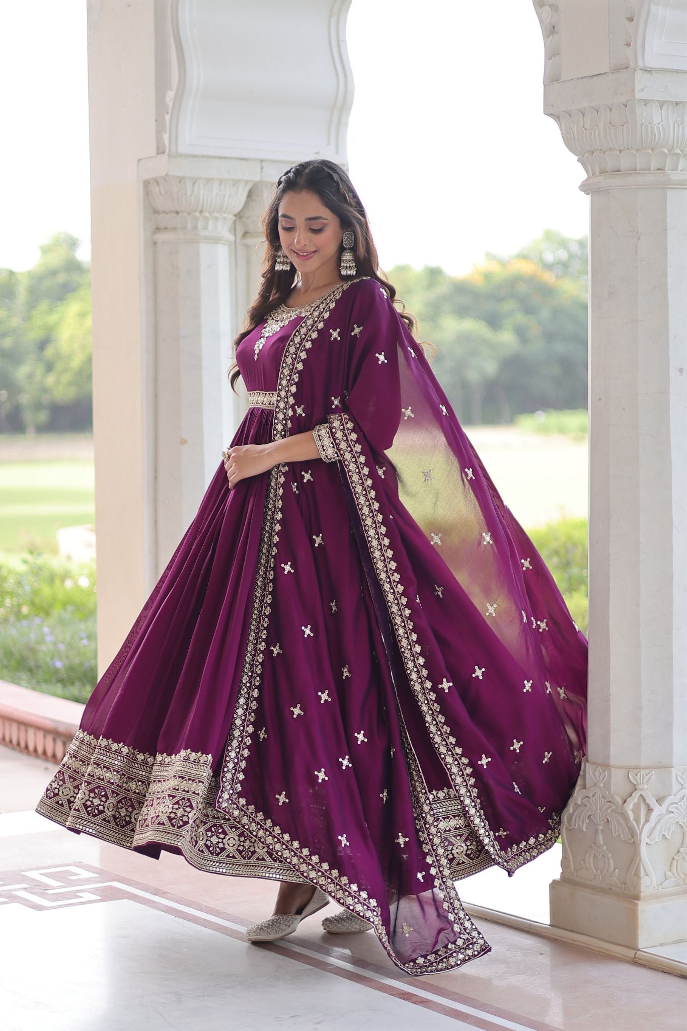 Luxury Vichitra Silk Embroidered Gown Set