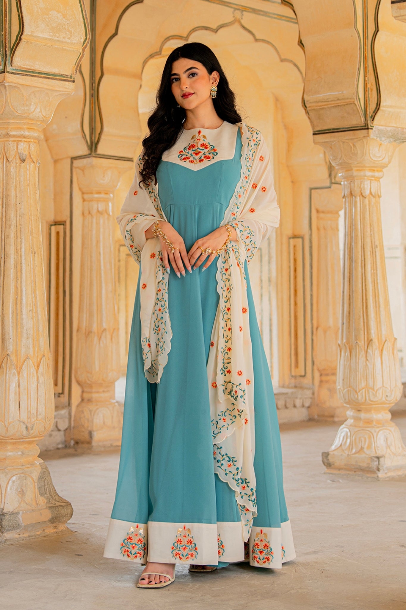 Aqua Ivory Blue Elegance Hand Embroidered Anarkali Set