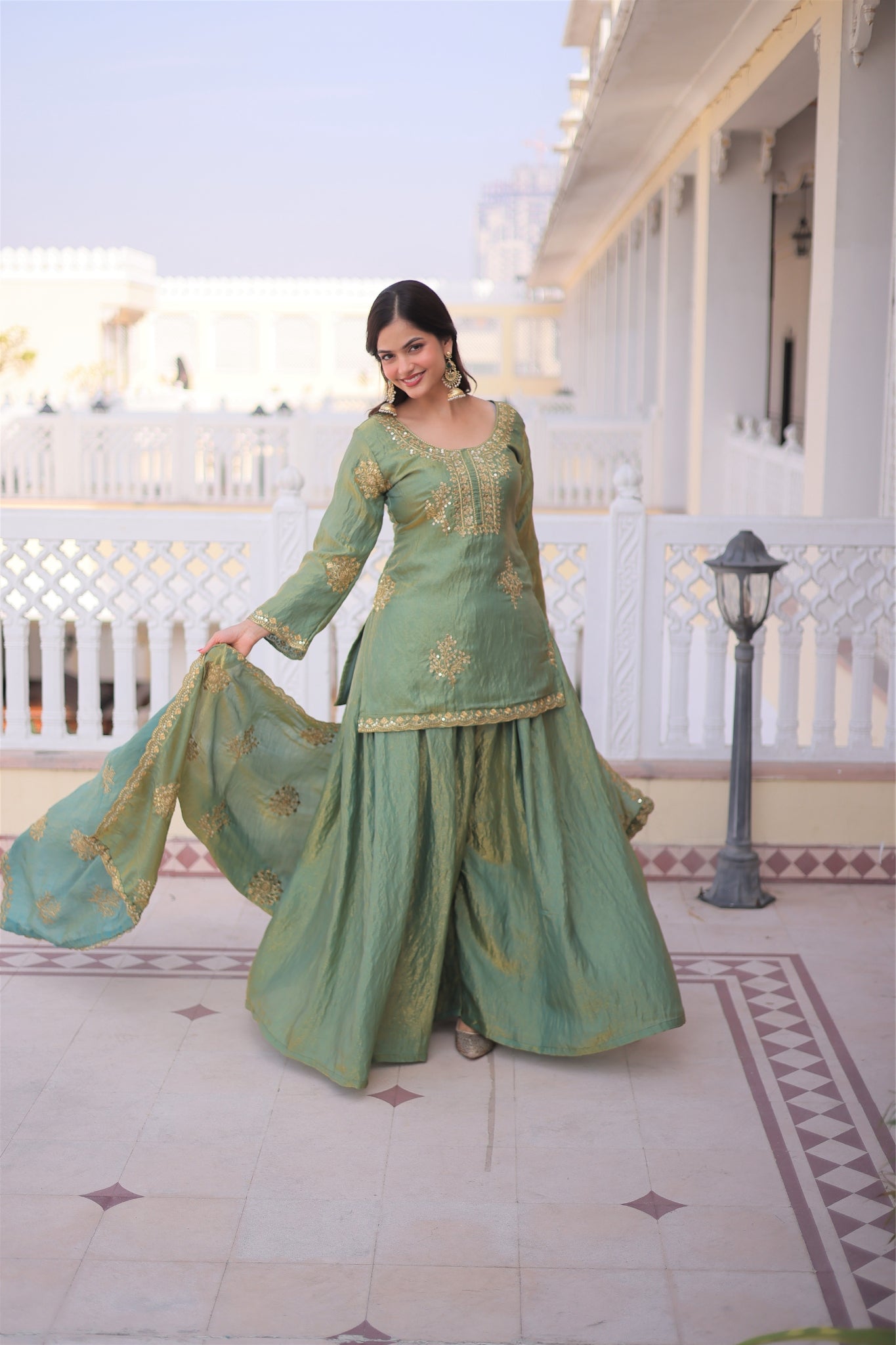 Fendi Crush Zari Sequins Embroidered Kurti Sharara Set With Designer Dupatta