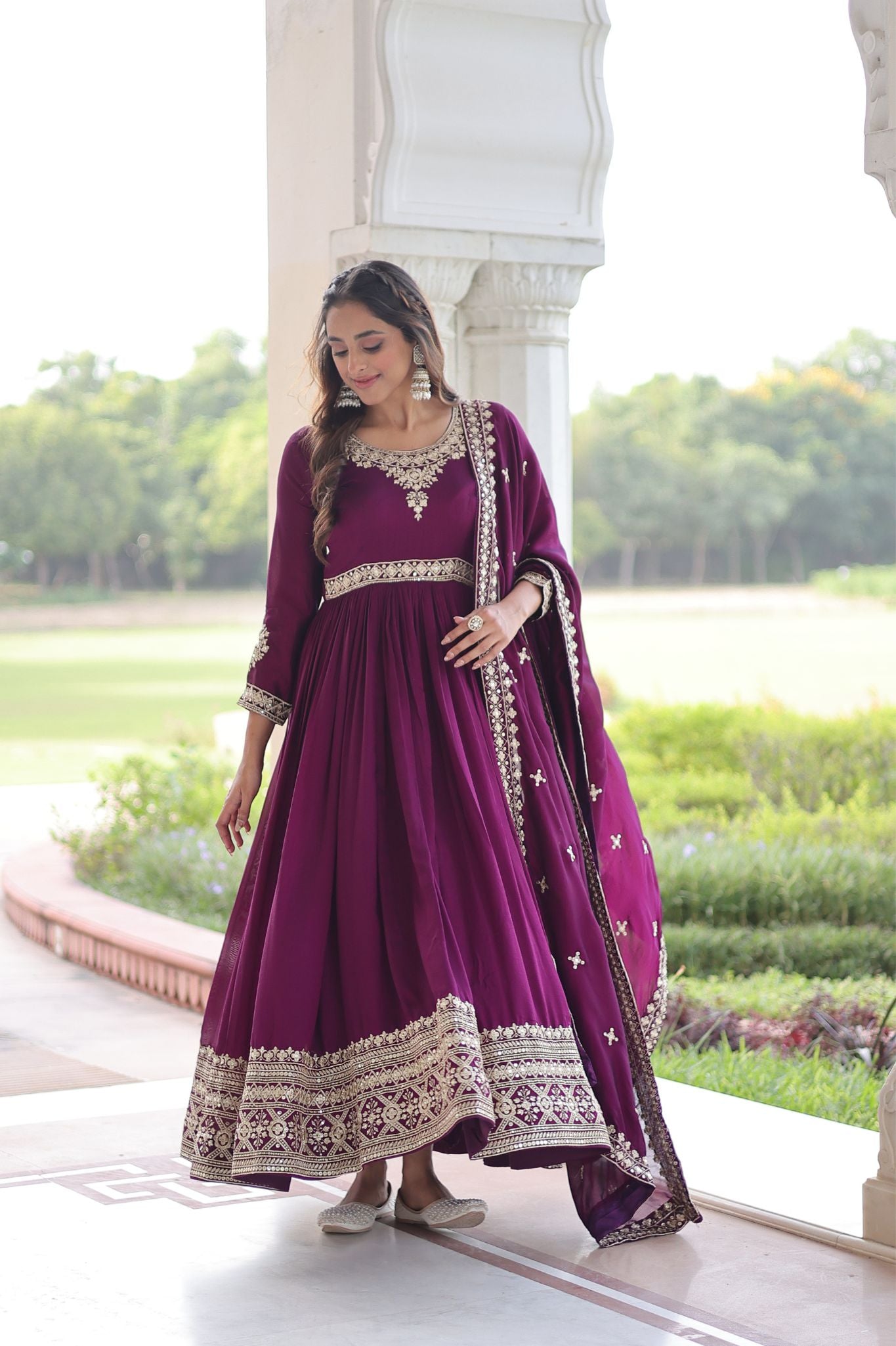Luxury Vichitra Silk Embroidered Gown Set
