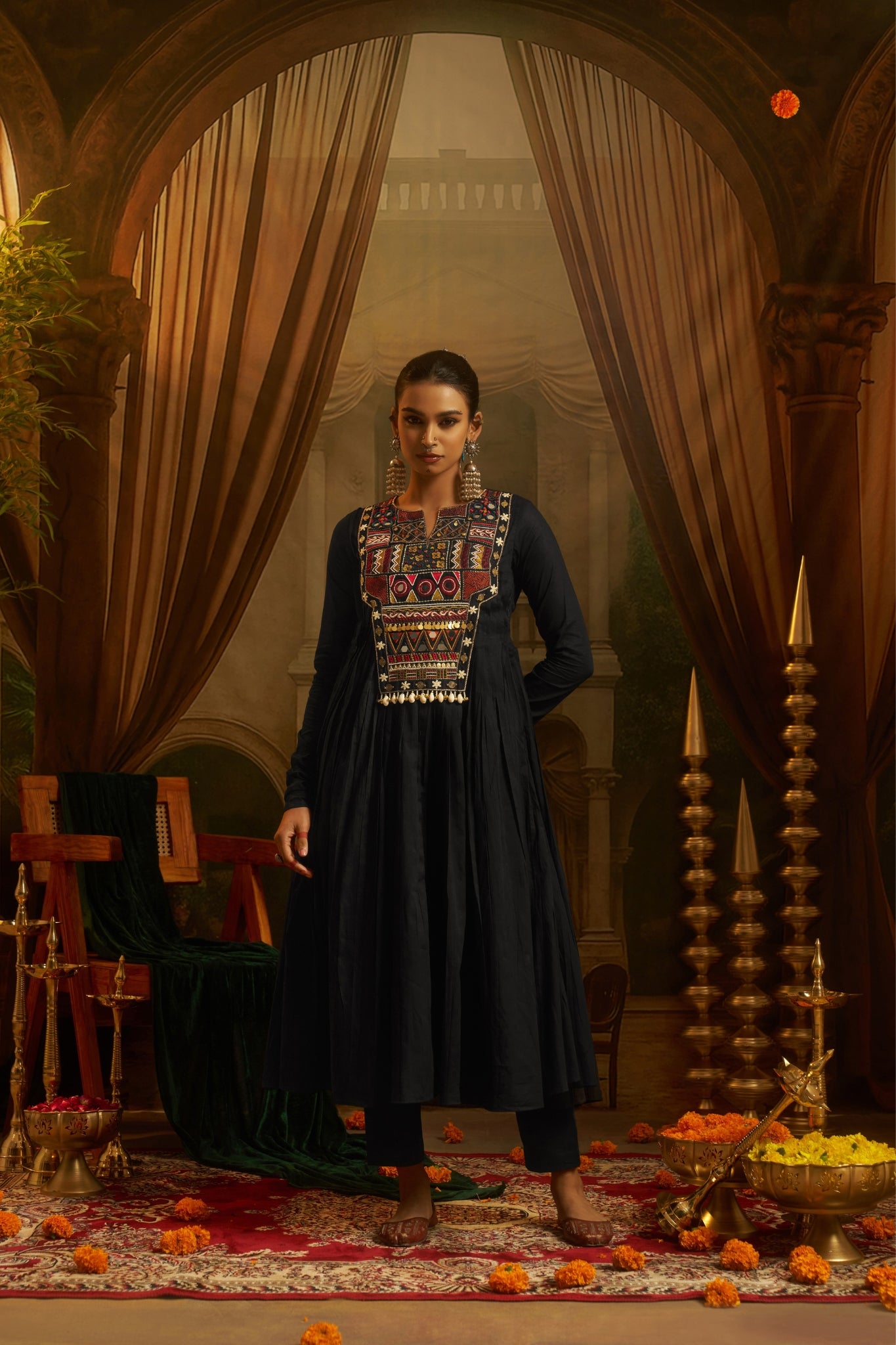 Black Anarkali Kurta Set with Hand Embroidery, Mirror Work Yoke & Cowrie Shell Detailing