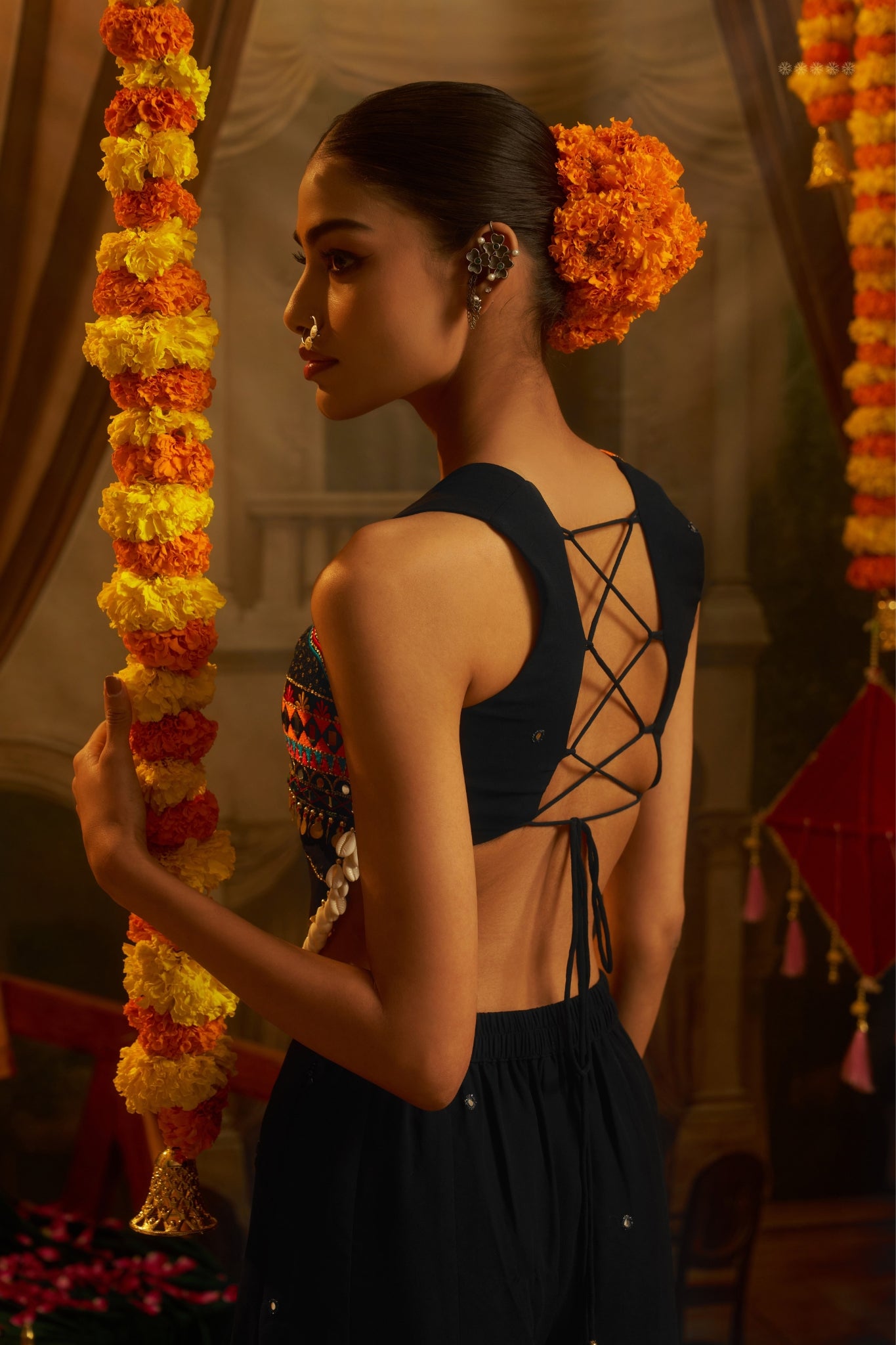 Black Georgette Designer Festive Set With Thread, Mirror And Shell Handwork