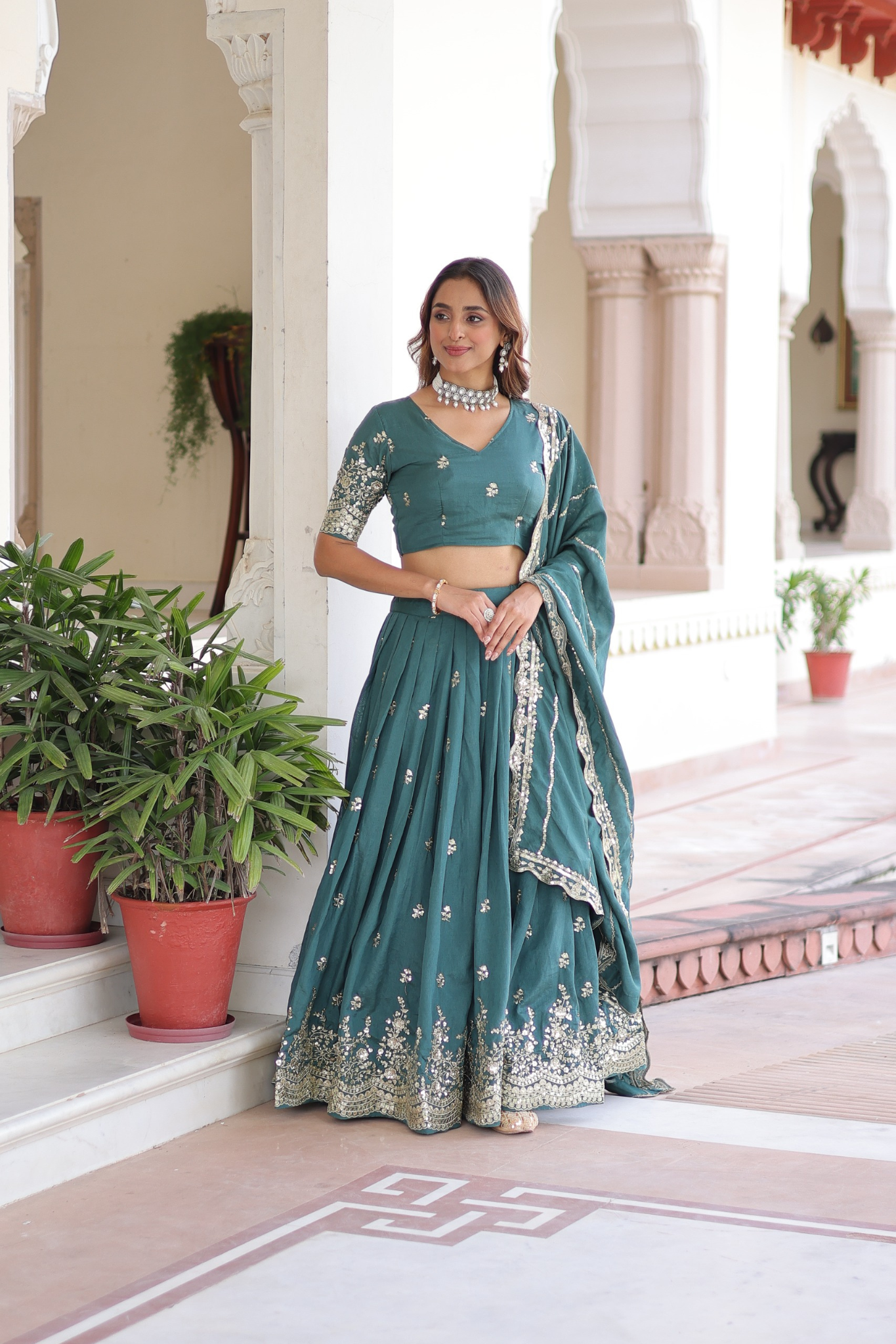 Designer Vichitra Silk Embroidered Lehenga With Blouse Dupatta