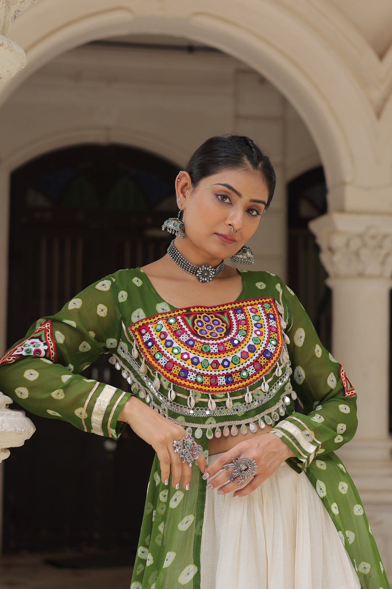 Kora Cotton Stylish Frill Stitching Beautiful Navratri Lehenga With Bandhani Printed Kurti