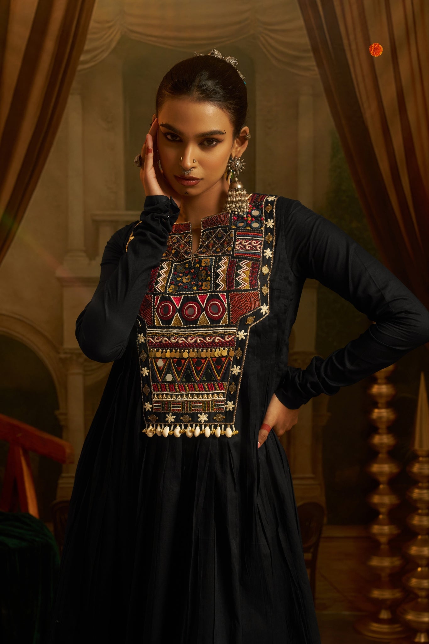 Black Anarkali Kurta Set with Hand Embroidery, Mirror Work Yoke & Cowrie Shell Detailing