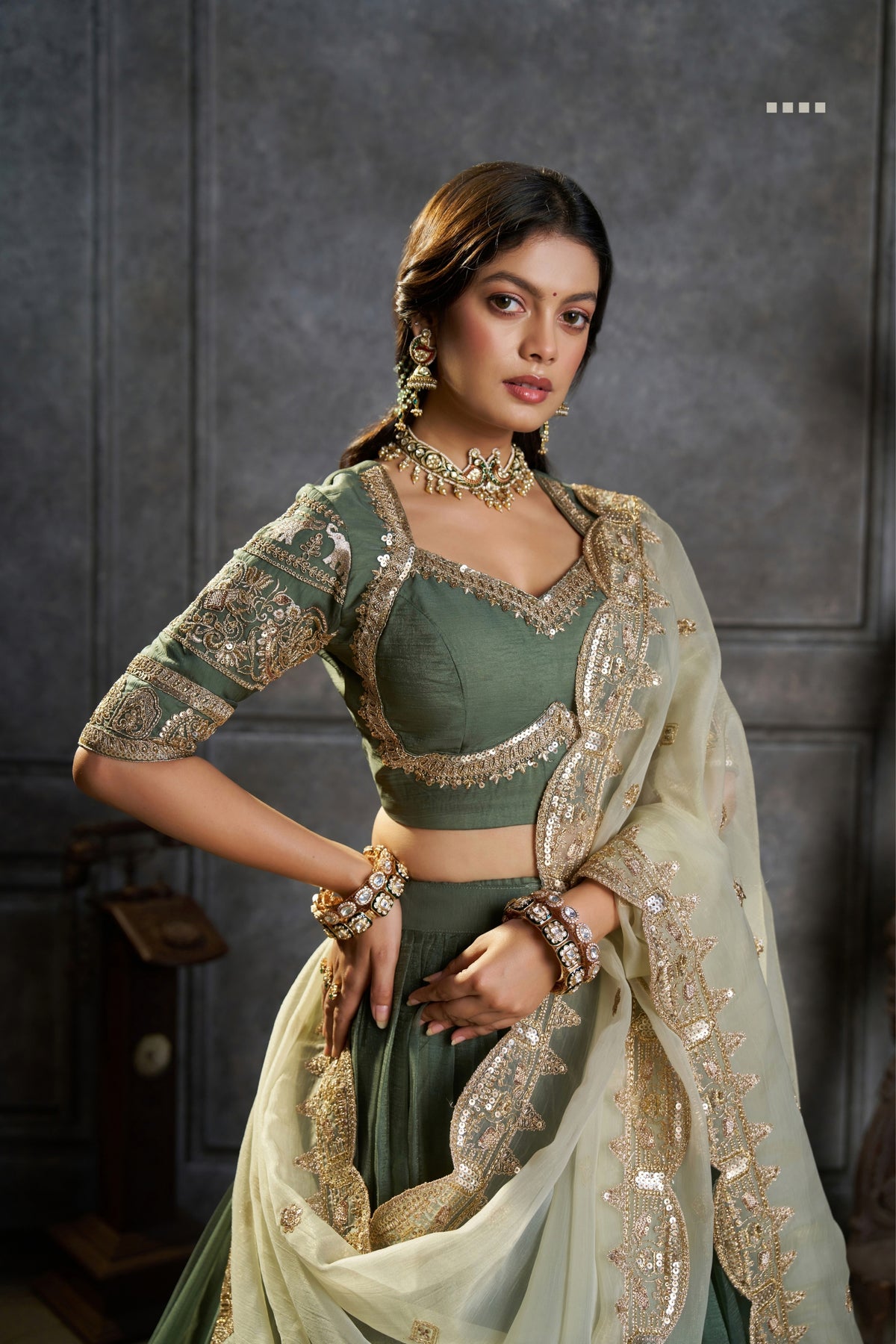Olive Green Pure Organza Embroidered Designer Lehenga Choli With Dupatta