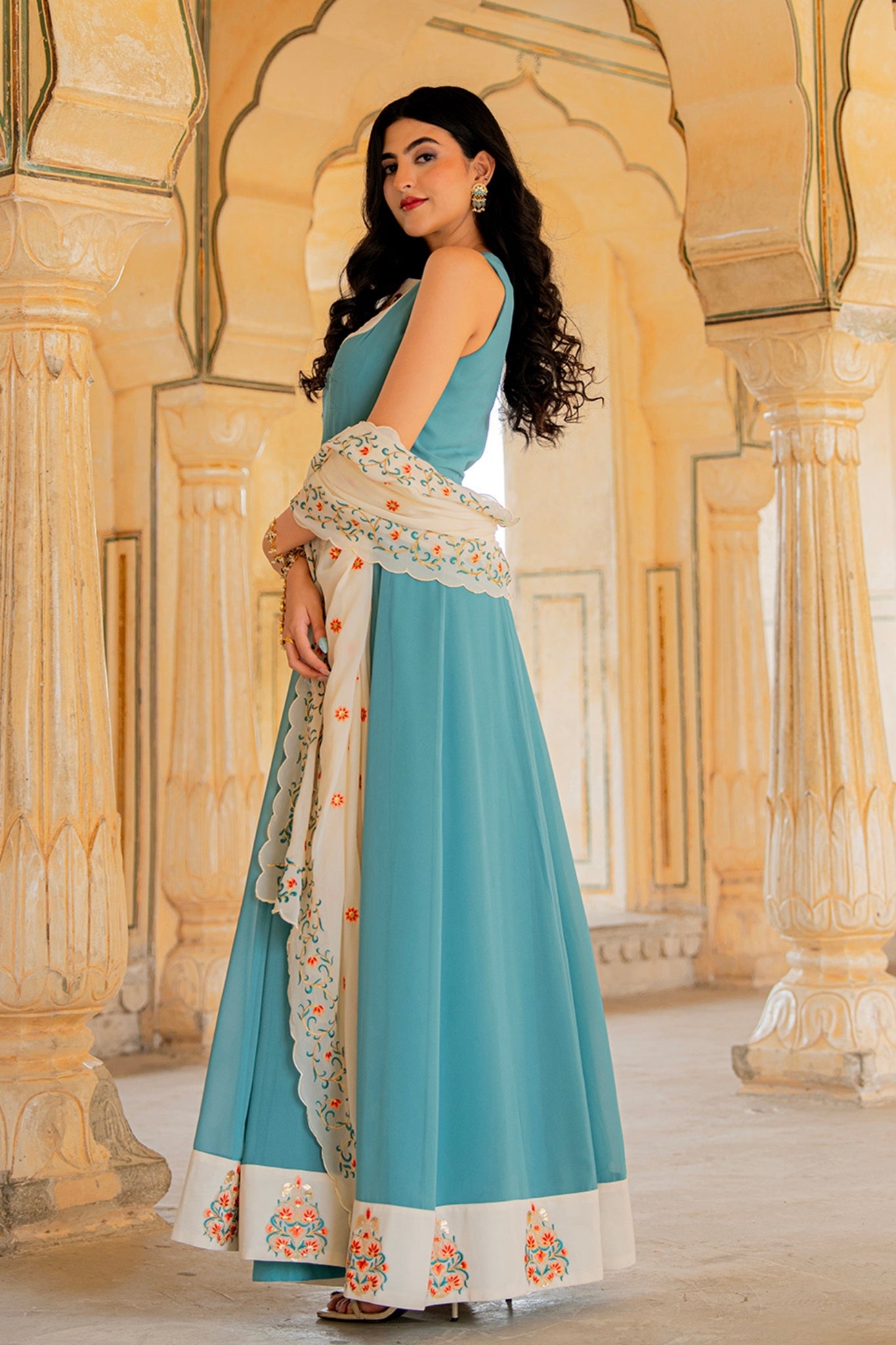 Aqua Ivory Blue Elegance Hand Embroidered Anarkali Set