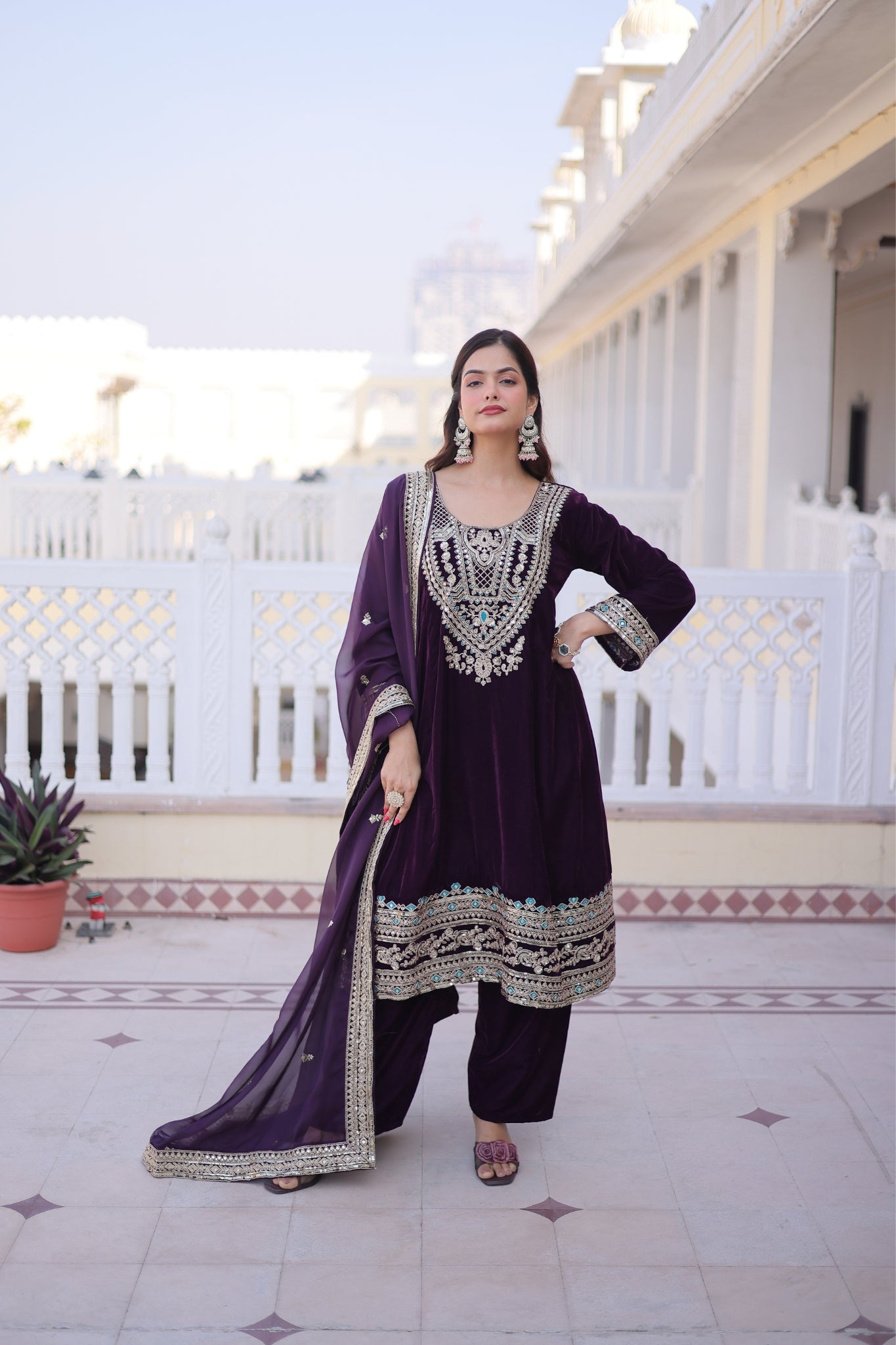 Designer Velvet Kurta Suit With Rich Zari And Thread Embroidery