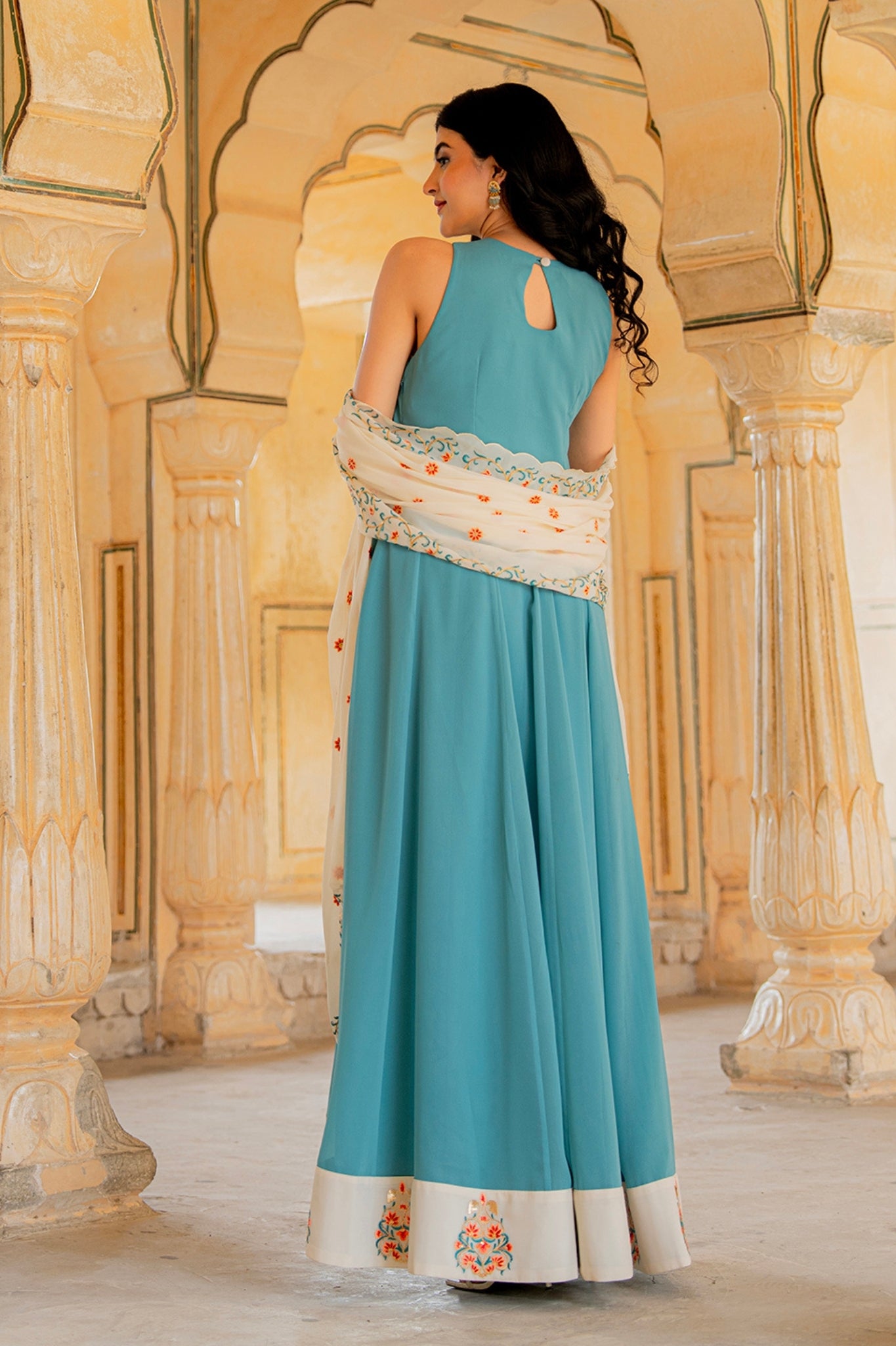 Aqua Ivory Blue Elegance Hand Embroidered Anarkali Set