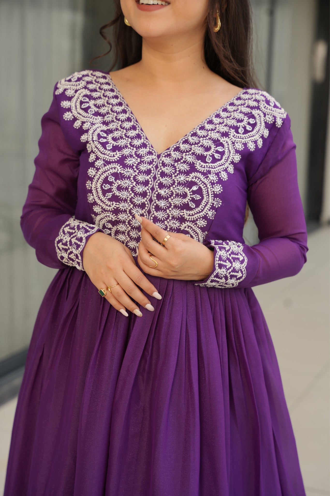 Georgette Embroidered Beads Sequins Work Double Flair Wedding Stylish Gown