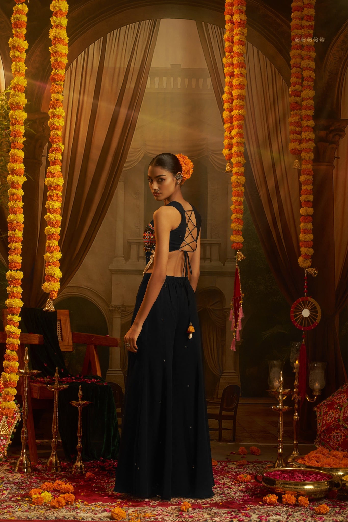 Black Georgette Designer Festive Set With Thread, Mirror And Shell Handwork