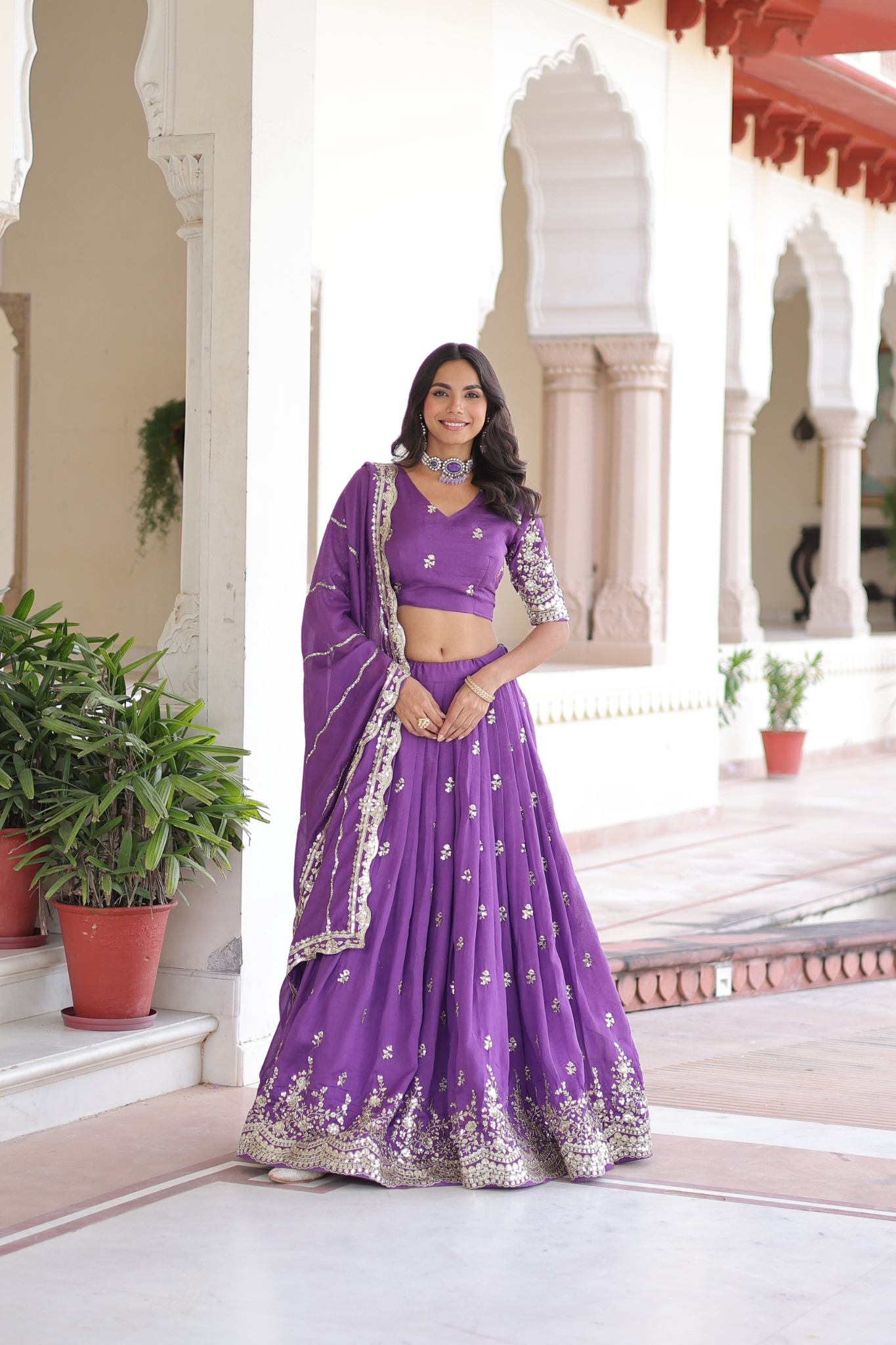 Designer Vichitra Silk Embroidered Lehenga With Blouse Dupatta