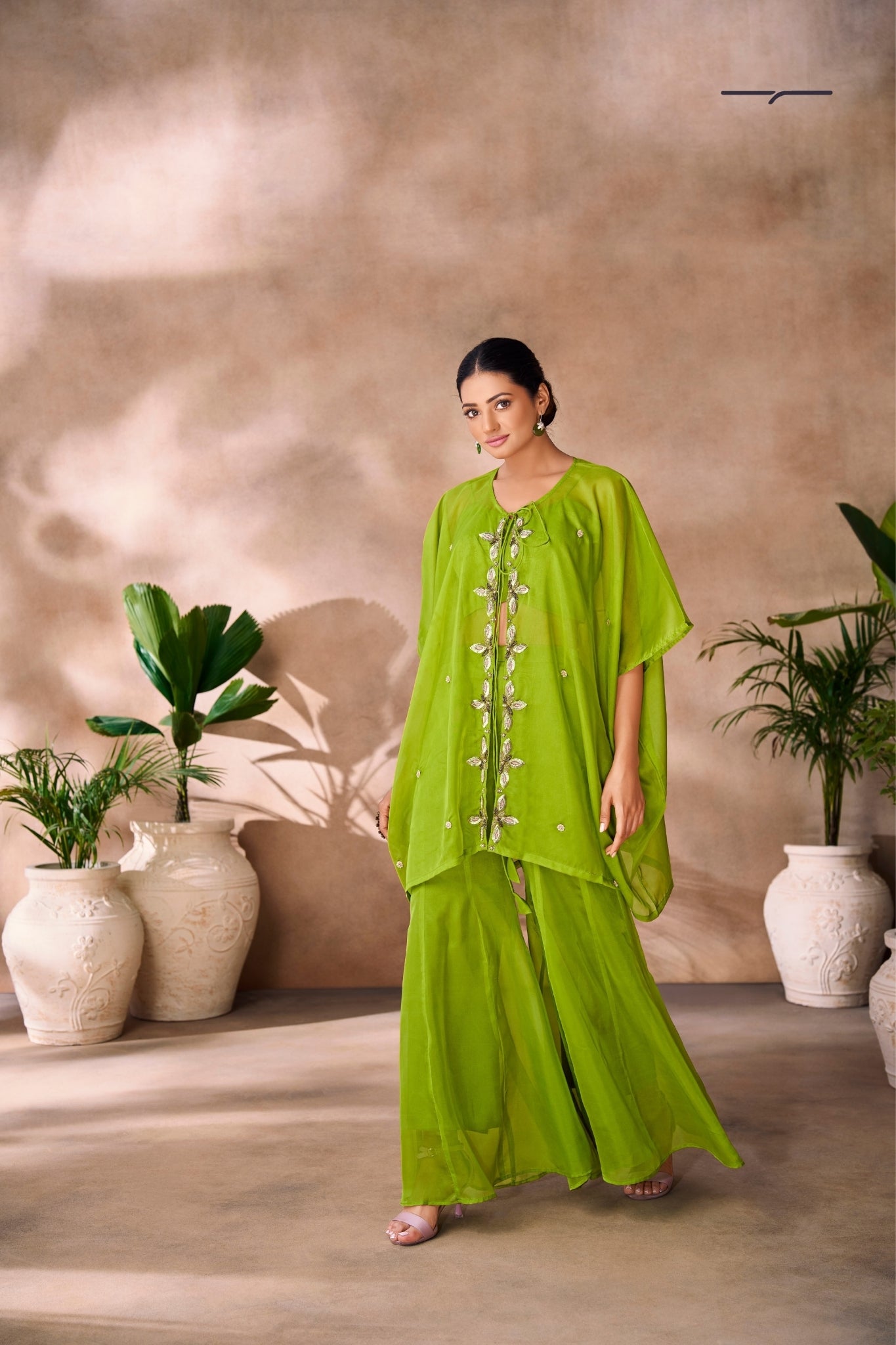 Parrot Green Hand Embellished Organza Designer Co Ord Set