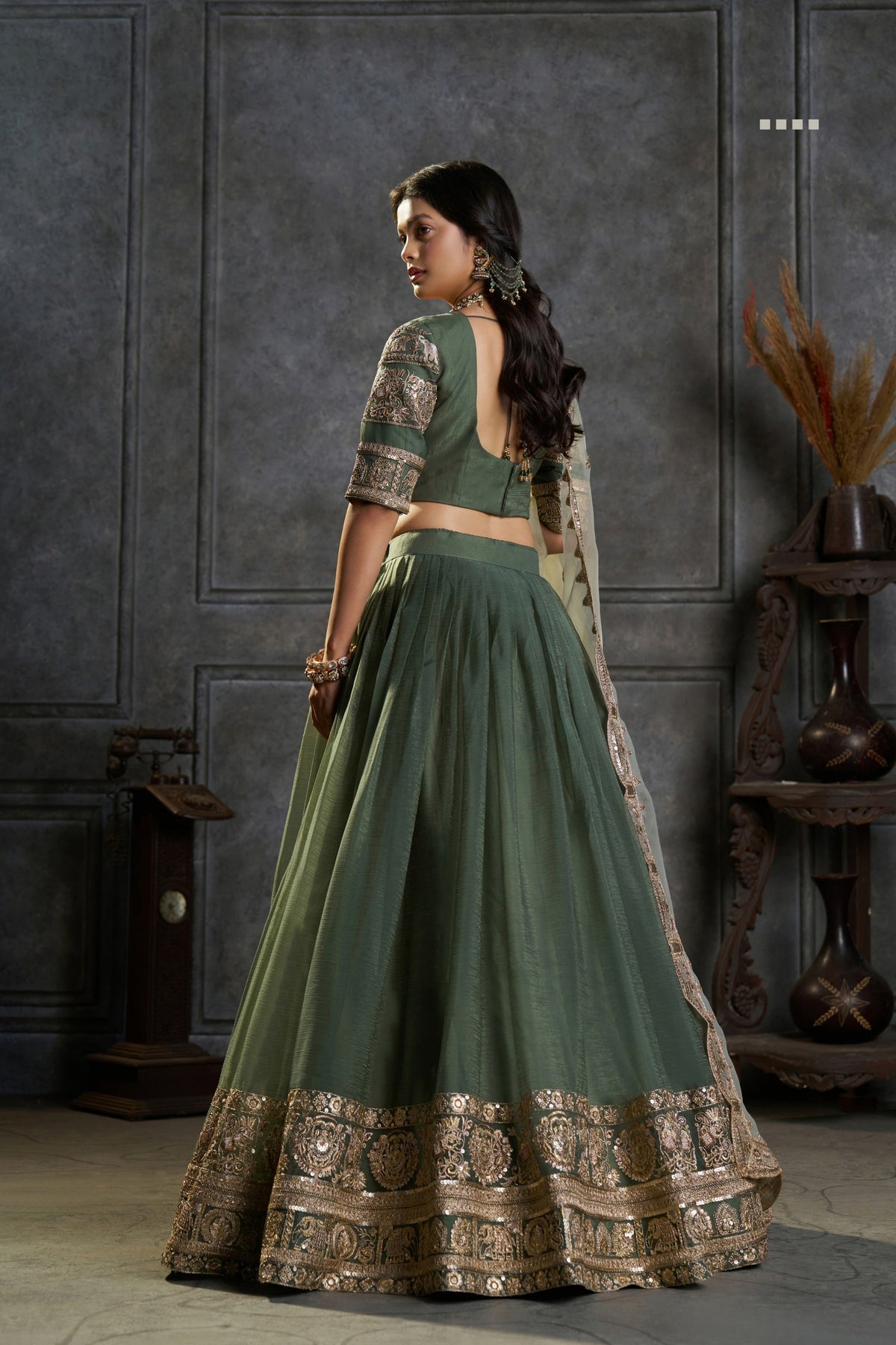 Olive Green Pure Organza Embroidered Designer Lehenga Choli With Dupatta