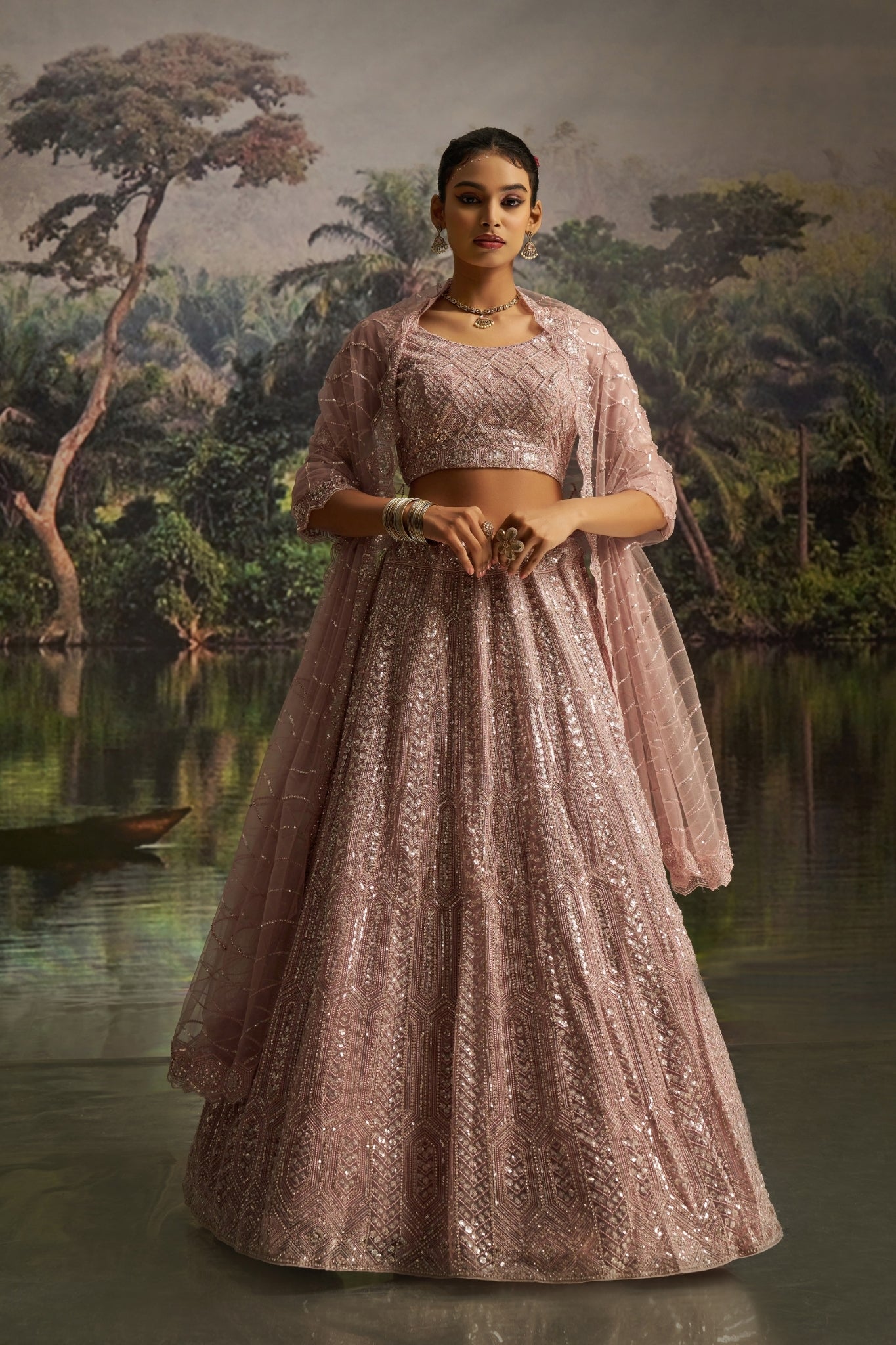 Opulent Mauve Designer Dori, Zarkan And Sequins Masterwork Lehenga in Soft Net