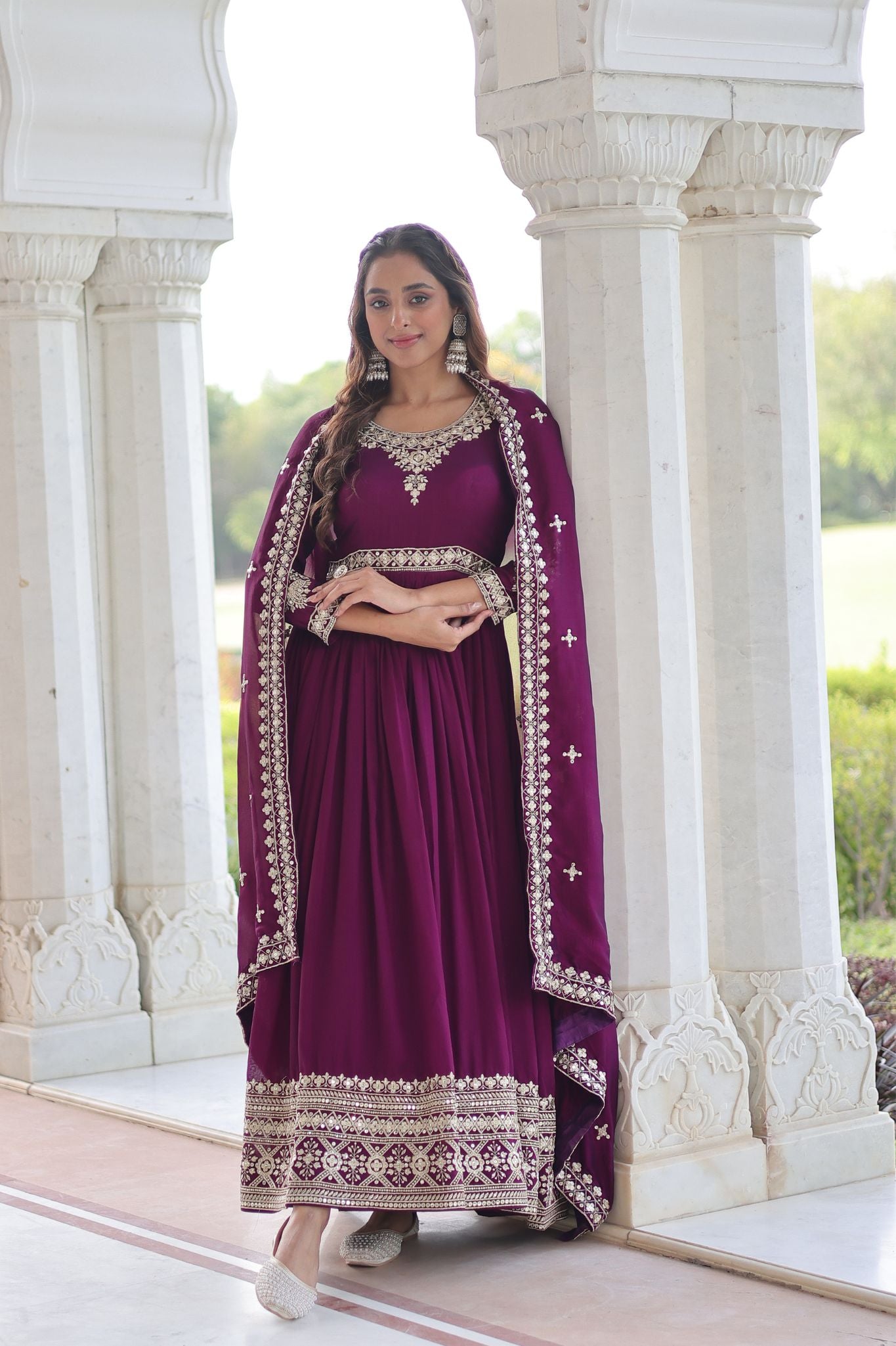 Luxury Vichitra Silk Embroidered Gown Set