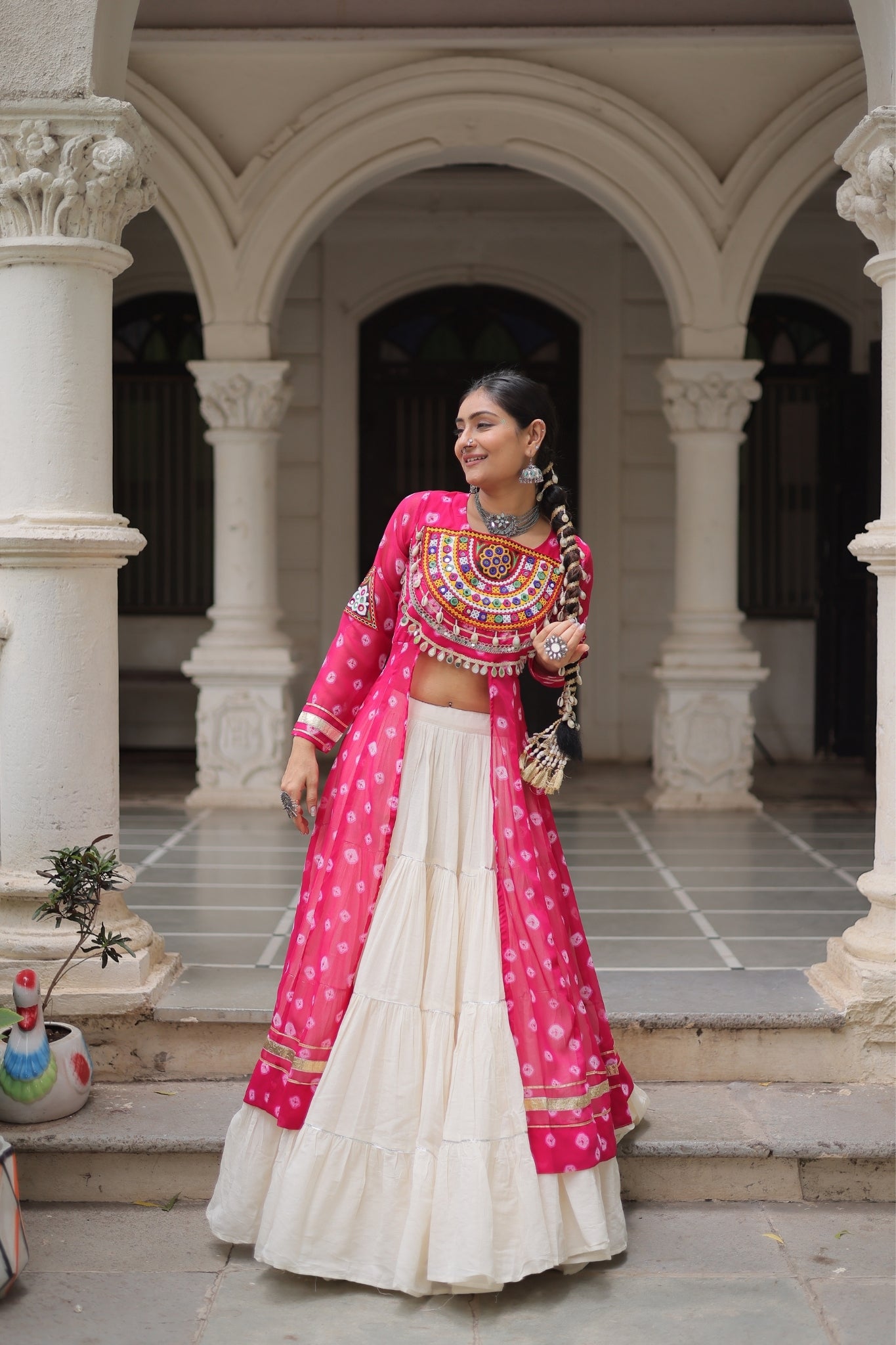 Kora Cotton Stylish Frill Stitching Beautiful Navratri Lehenga With Bandhani Printed Kurti