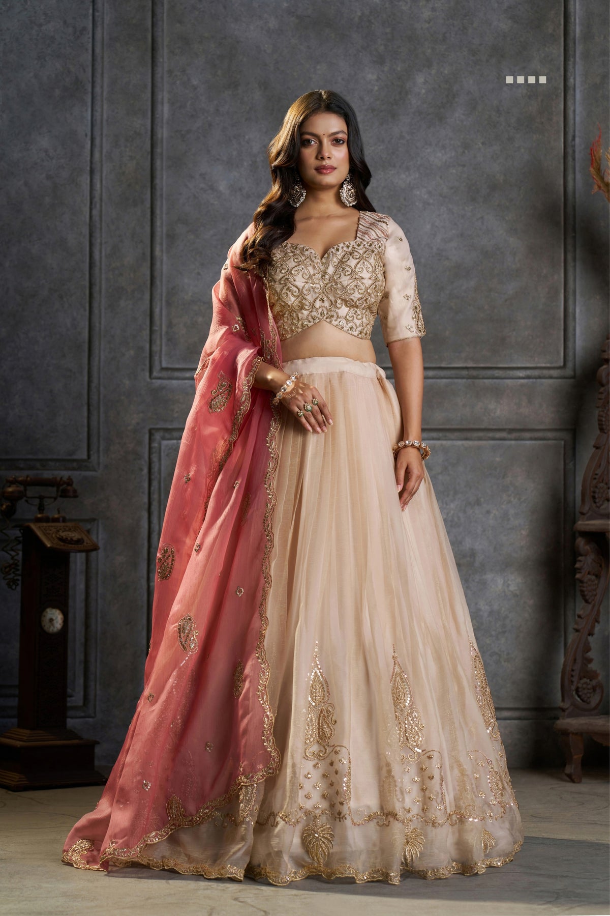 Pure Organza Embroidered Designer Cream Peach Ivory Bridal & Festive Lehenga Choli With Pink Dupatta