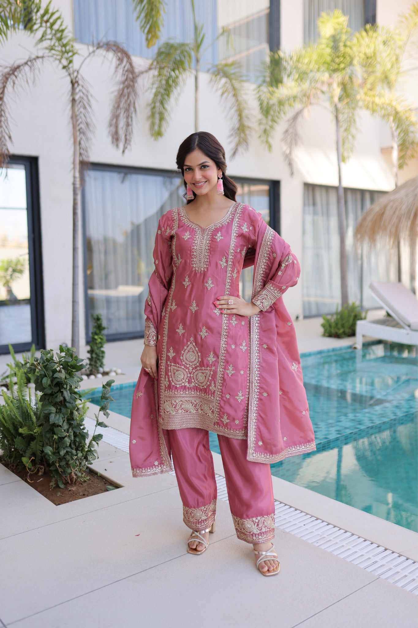 Luxury Ho Silk Designer Multi With Thread Embroidery Suit Set