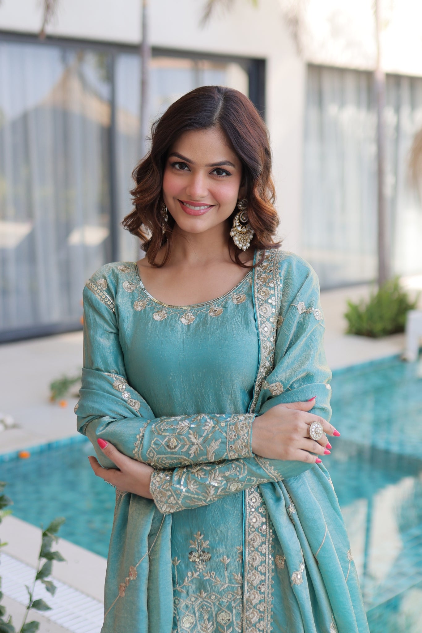 Premium Fendi Crush Designer Zari With Sequins Embroidery Suit Set