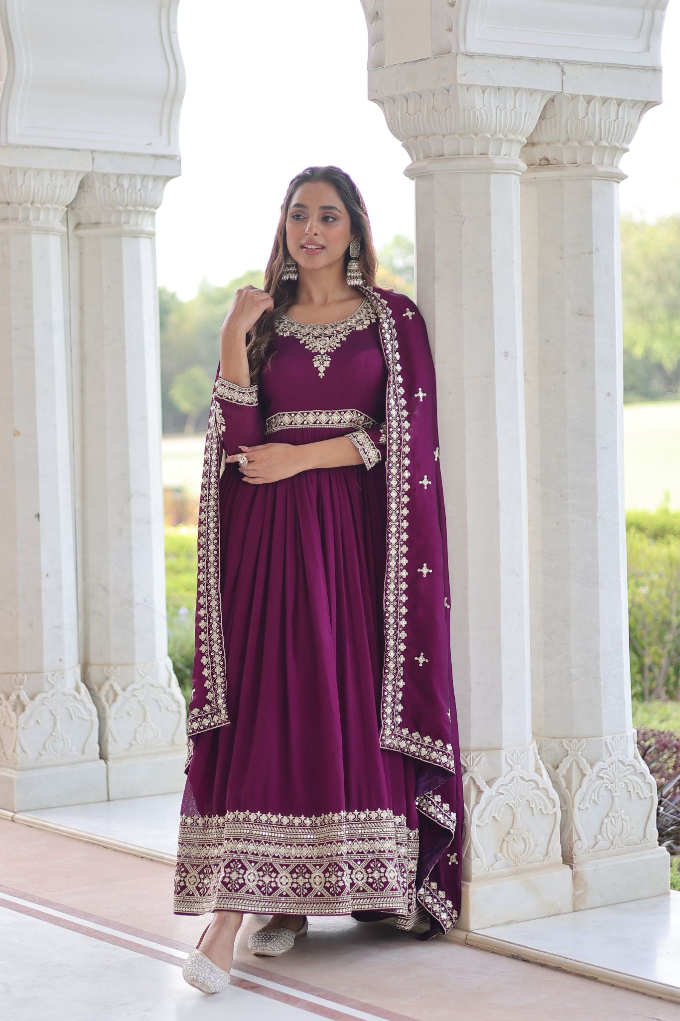 Luxury Vichitra Silk Embroidered Gown Set
