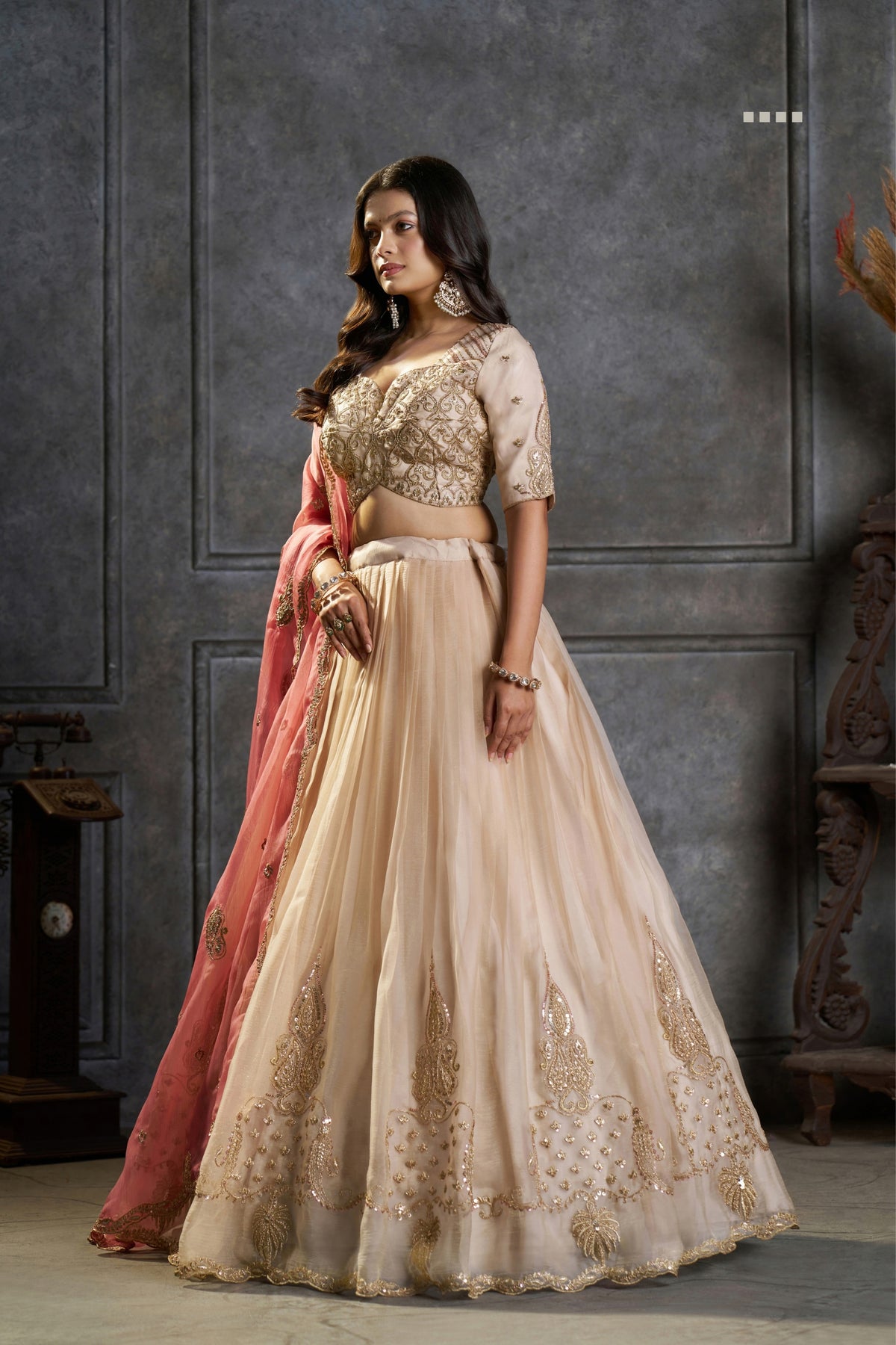 Pure Organza Embroidered Designer Cream Peach Ivory Bridal & Festive Lehenga Choli With Pink Dupatta