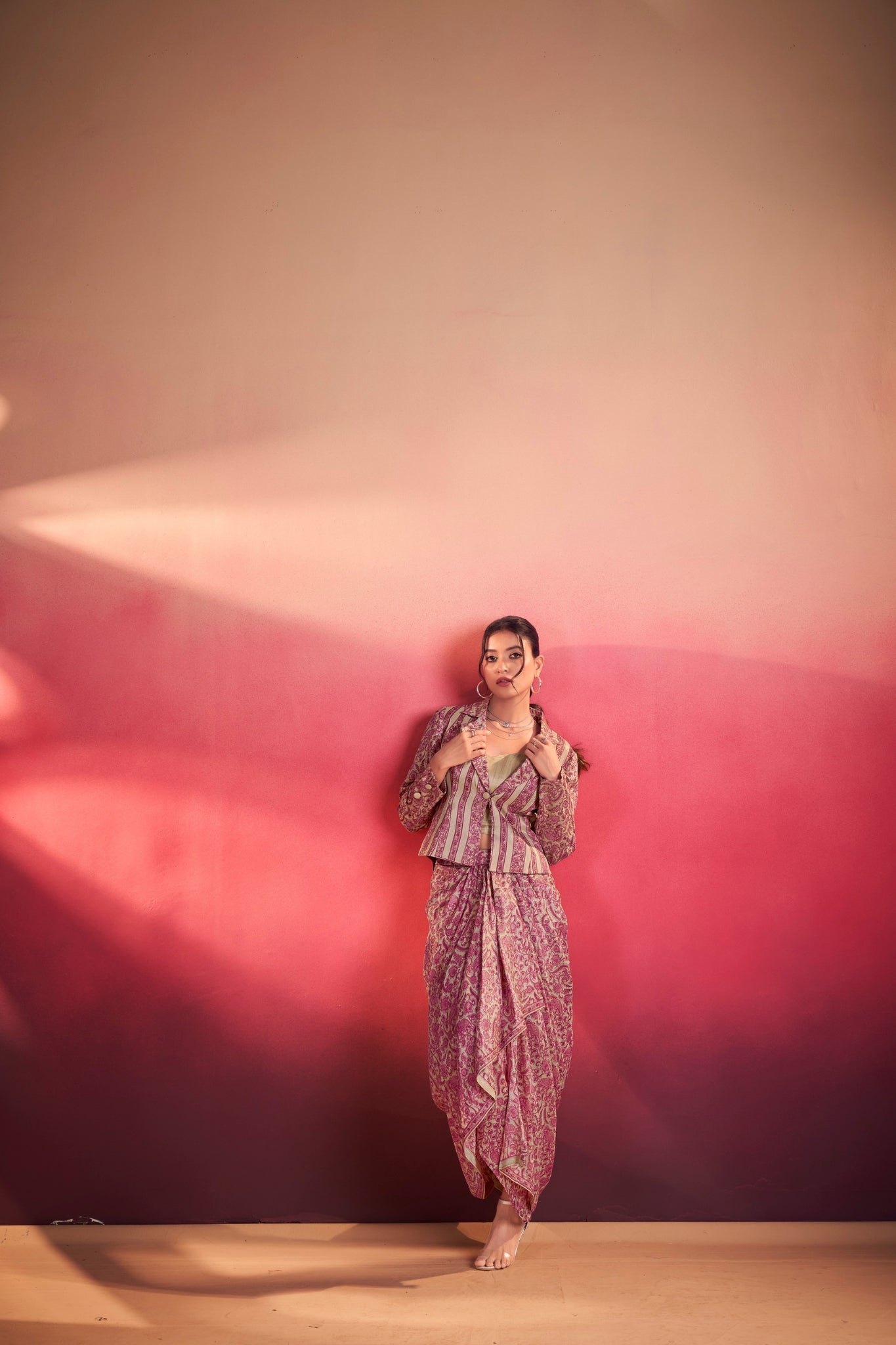 Premium Printed Tasar Silk Co-Ord Set With Draped Skirt & Tailored Jacket