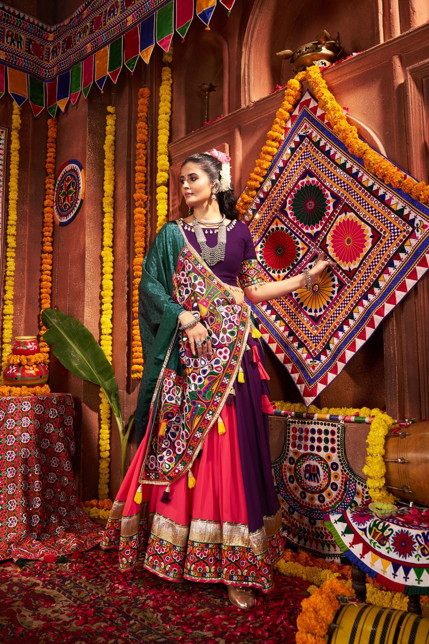 Multi Color Traditional Navratri Lehenga Choli With Mirror And Lampi Work