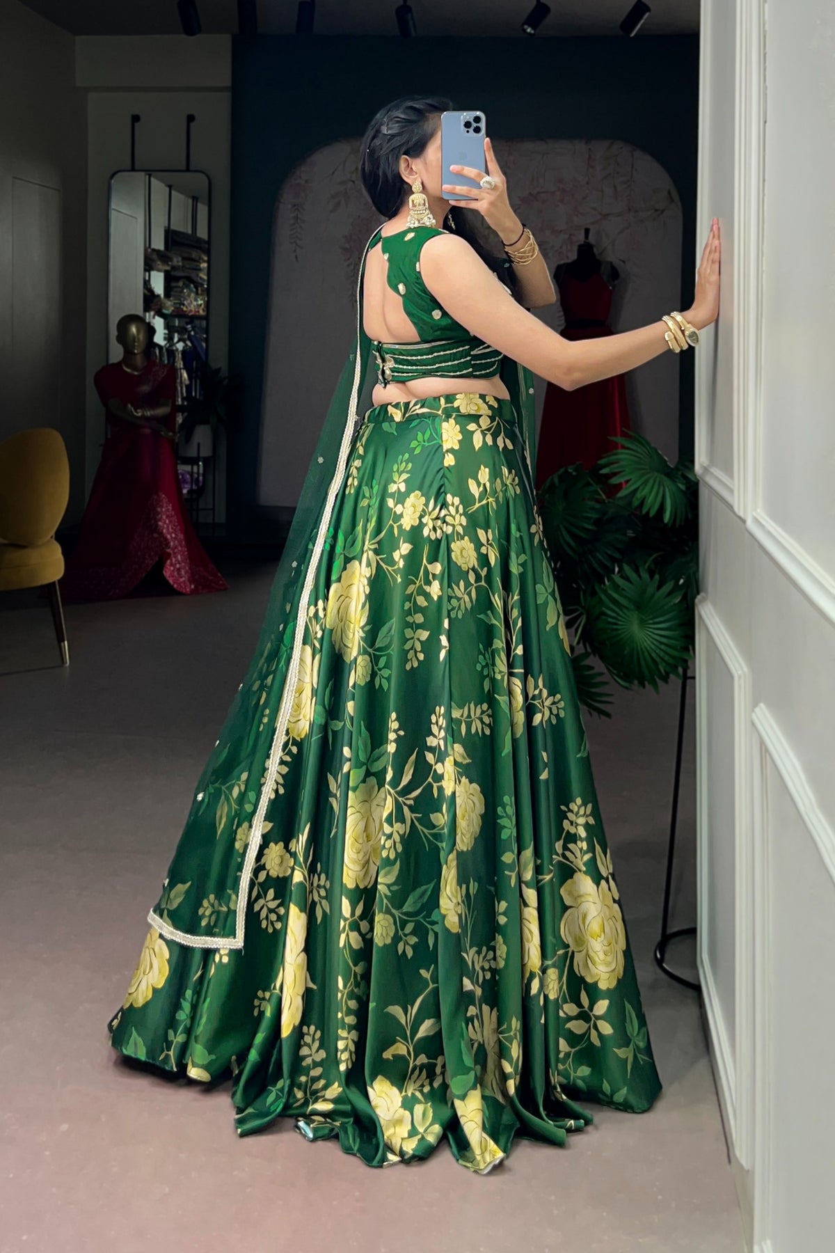 Green Satin Silk Floral Print Designer Embroidered Lehenga Choli