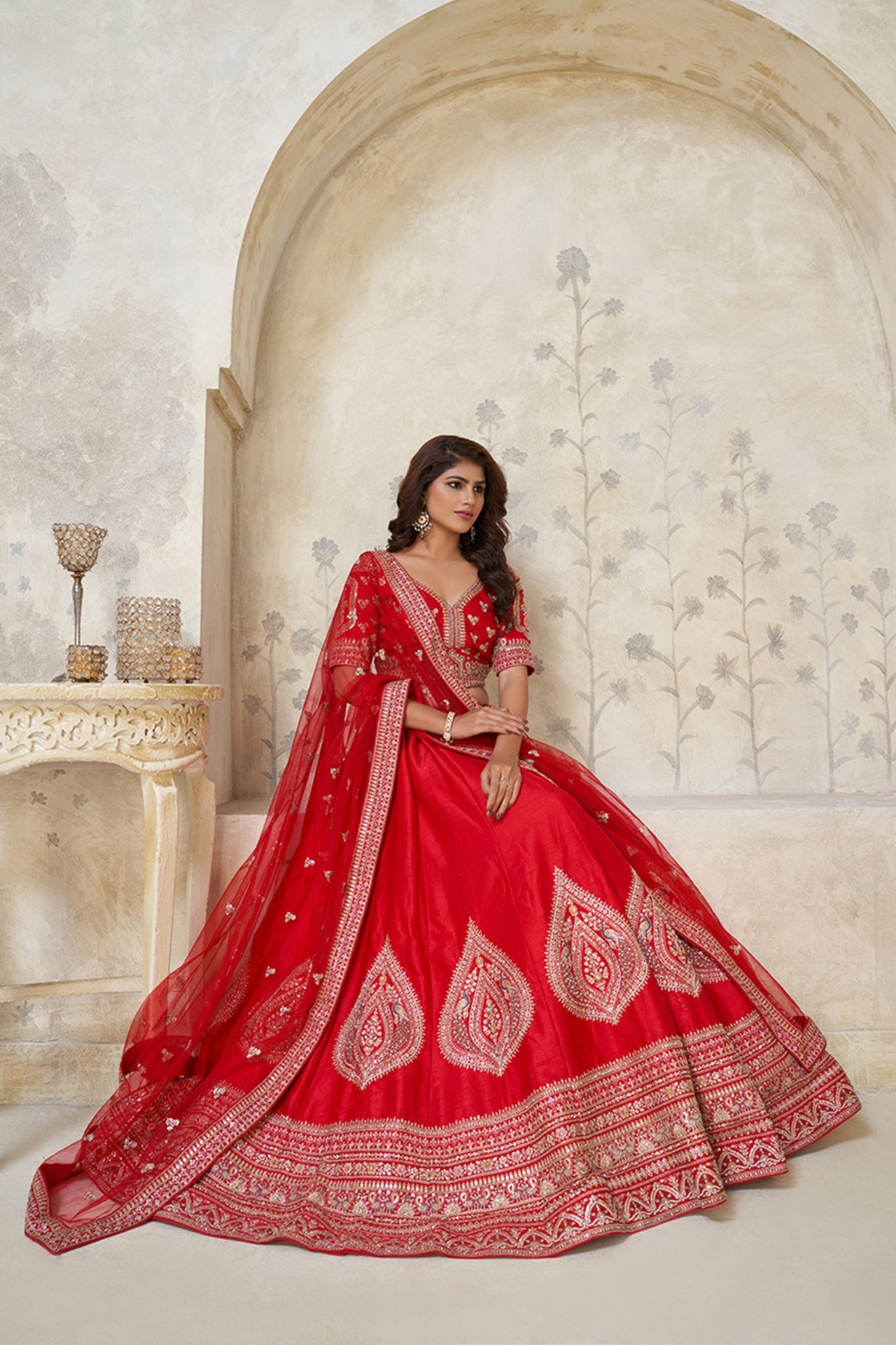 Crimson Elegance Minimalist Peacock And Leaf Motif Bridal Lehenga